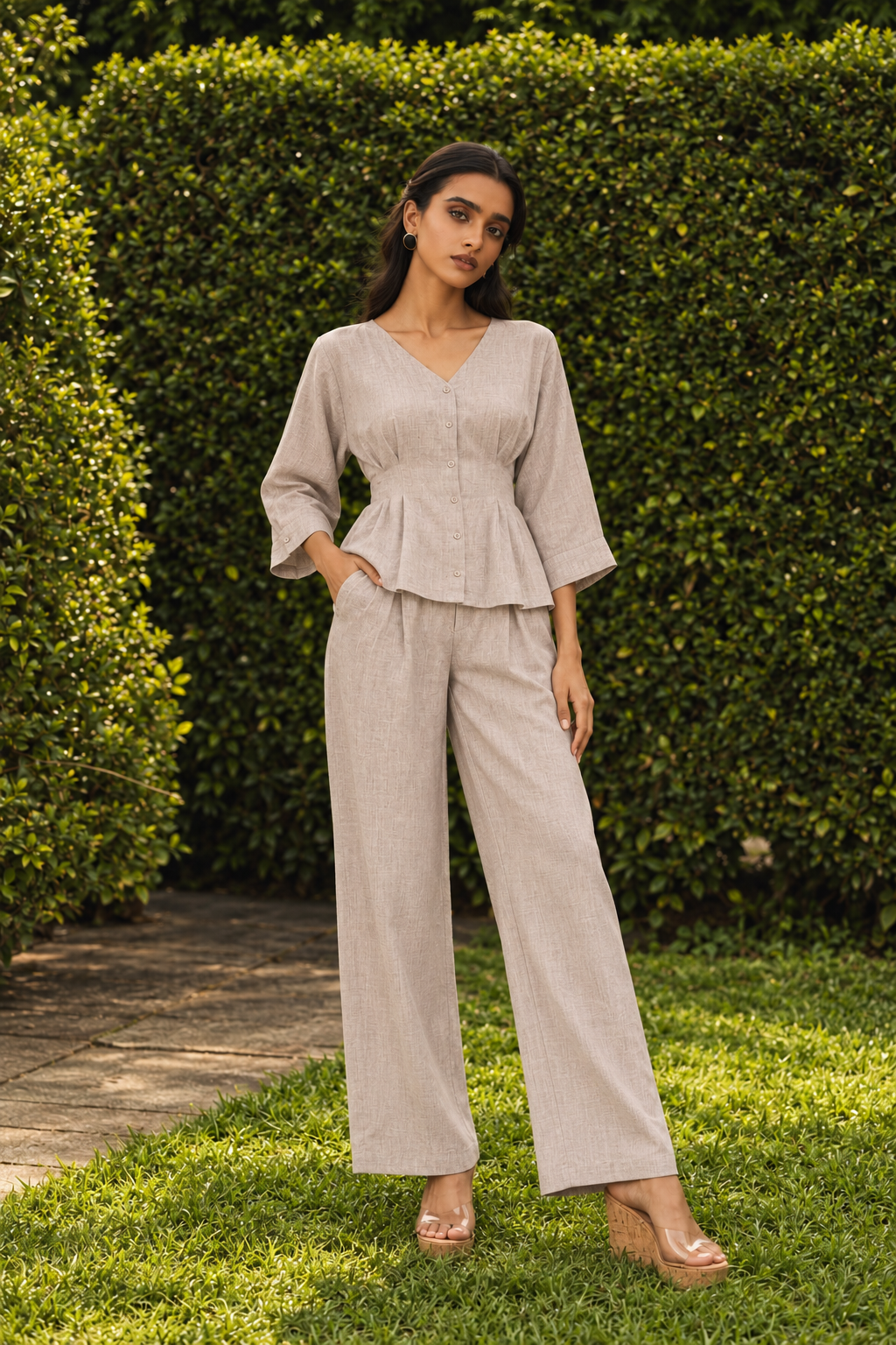 Beige V-Neck Three-Quarter Sleeve Peplum Co-ord Set For Women