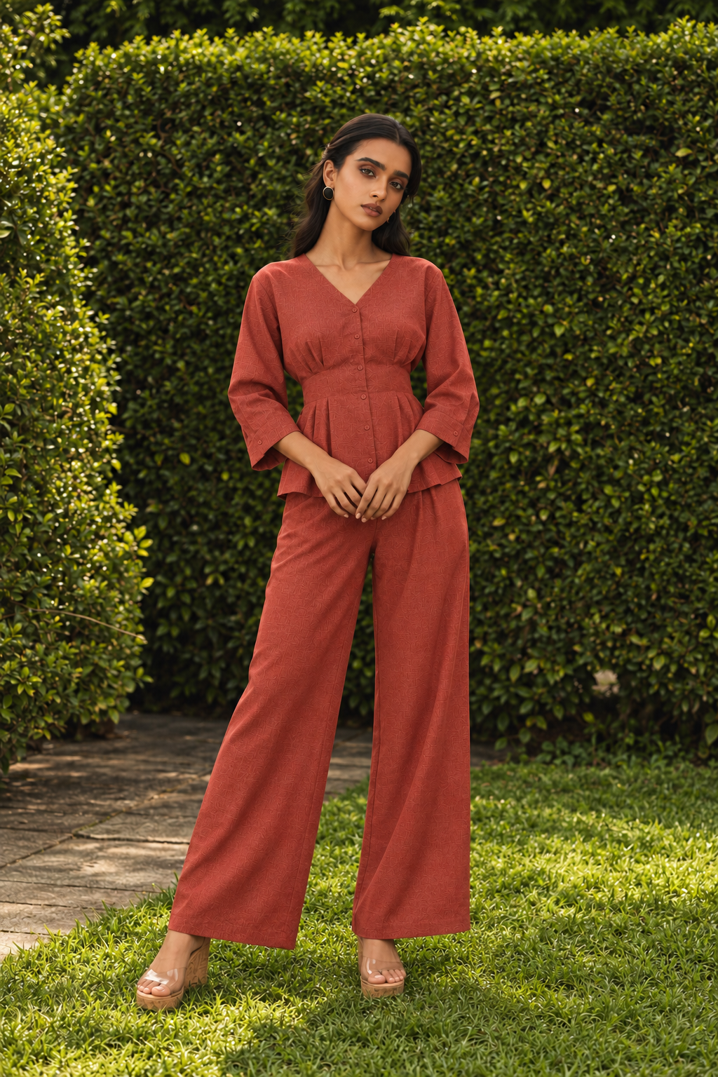 Red V-Neck Peplum Top and Trousers Smart Casual Co-Ord Set For Women