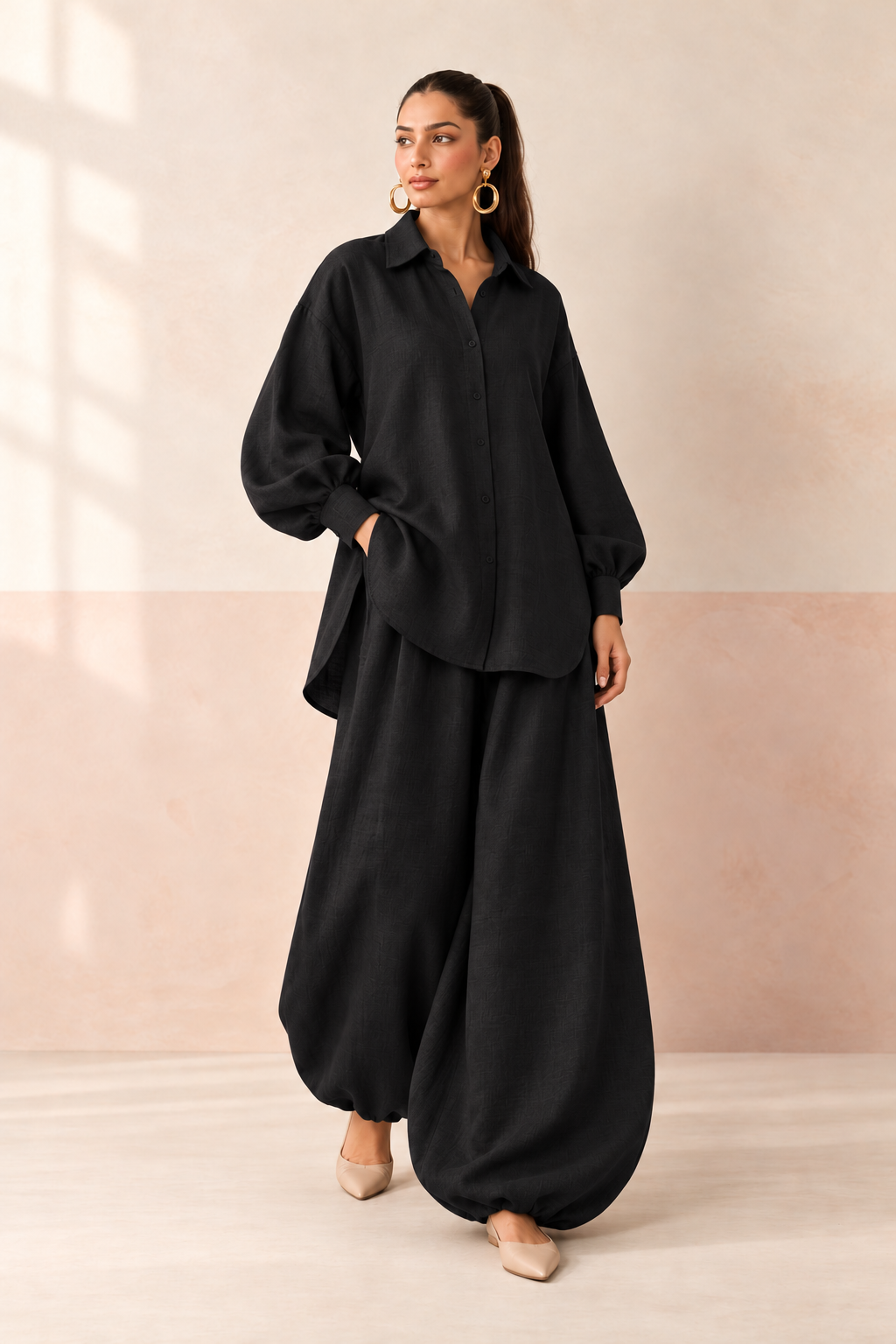 Black Shirt Collar Long Sleeve Balloon Style Co-Ord Set For Women