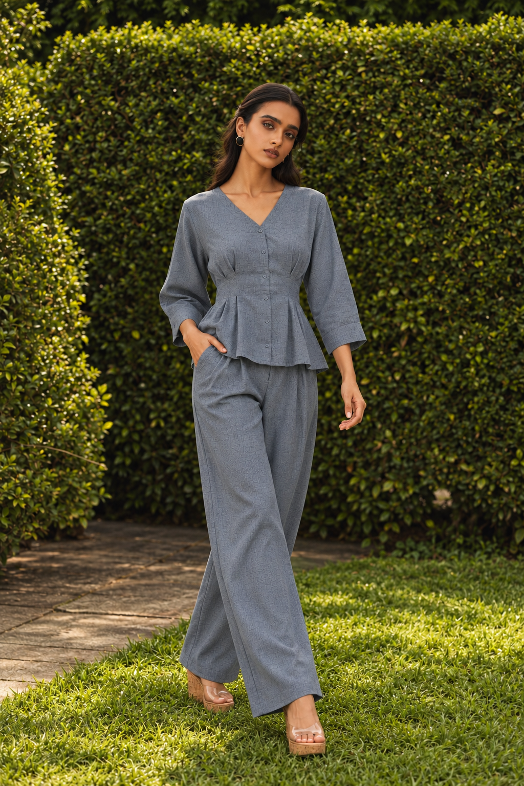 Dusty Blue V-Neck Peplum Top and Trousers Smart Casual Co-ord Set For Women