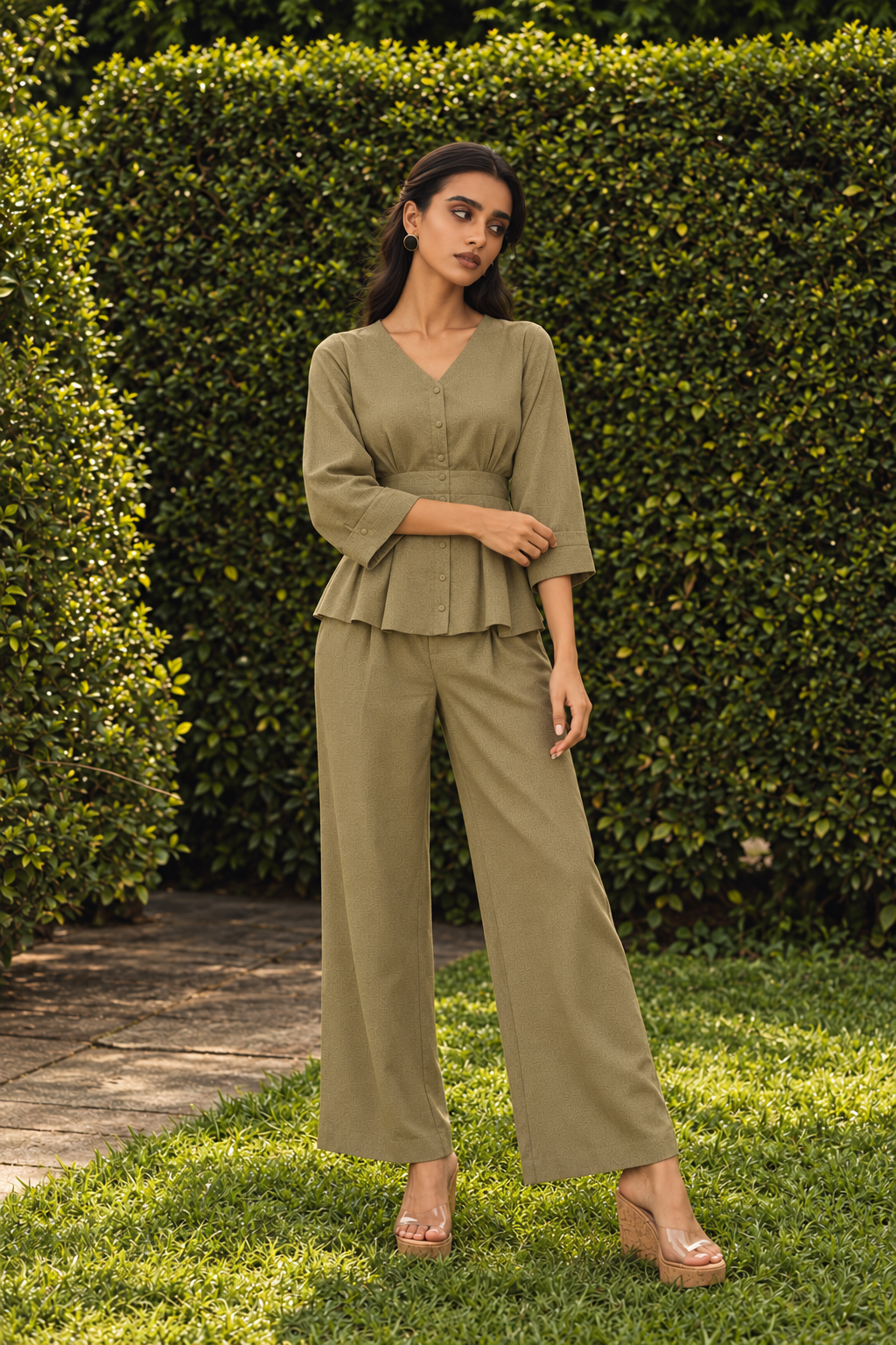 Olive Green V-Neck Peplum Top and Trousers Smart Casual Co-ord Set For Women