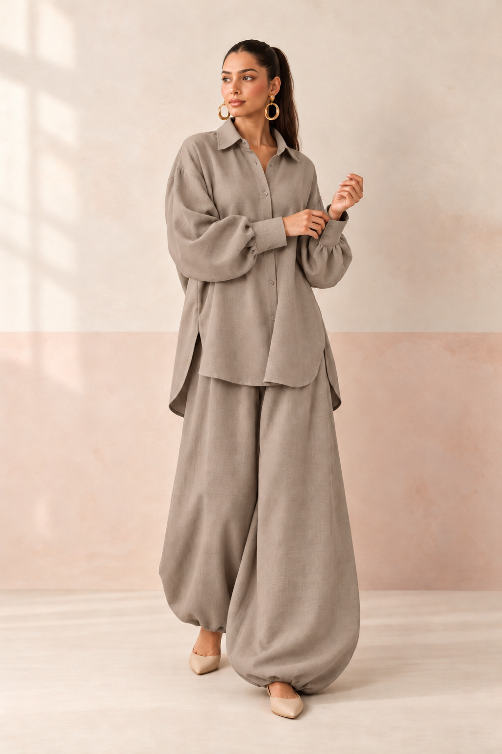 Grey Shirt Collar Long Sleeve Balloon Style Co-Ord Set For Women