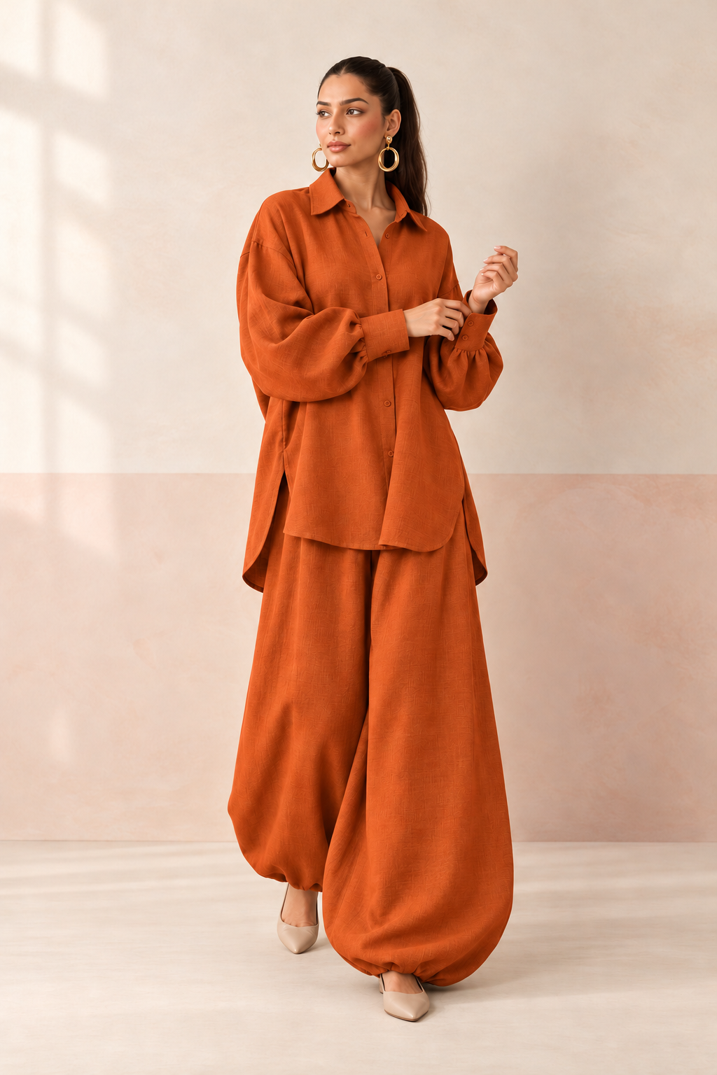 Rust Orange Shirt Collar Long Sleeve Balloon Style Co-ord Set For Women