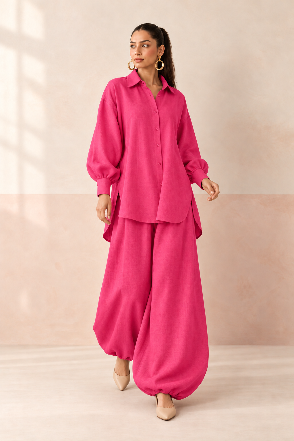 Magenta Pink Shirt Collar Long Sleeve Balloon Style Co-ord Set For Women