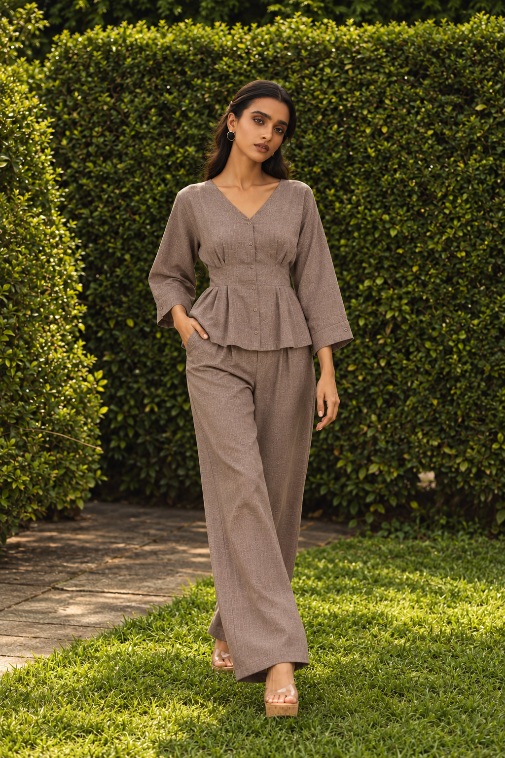 Grey V-Neck Three-Quarter Sleeve Peplum Co-Ord Set For Women