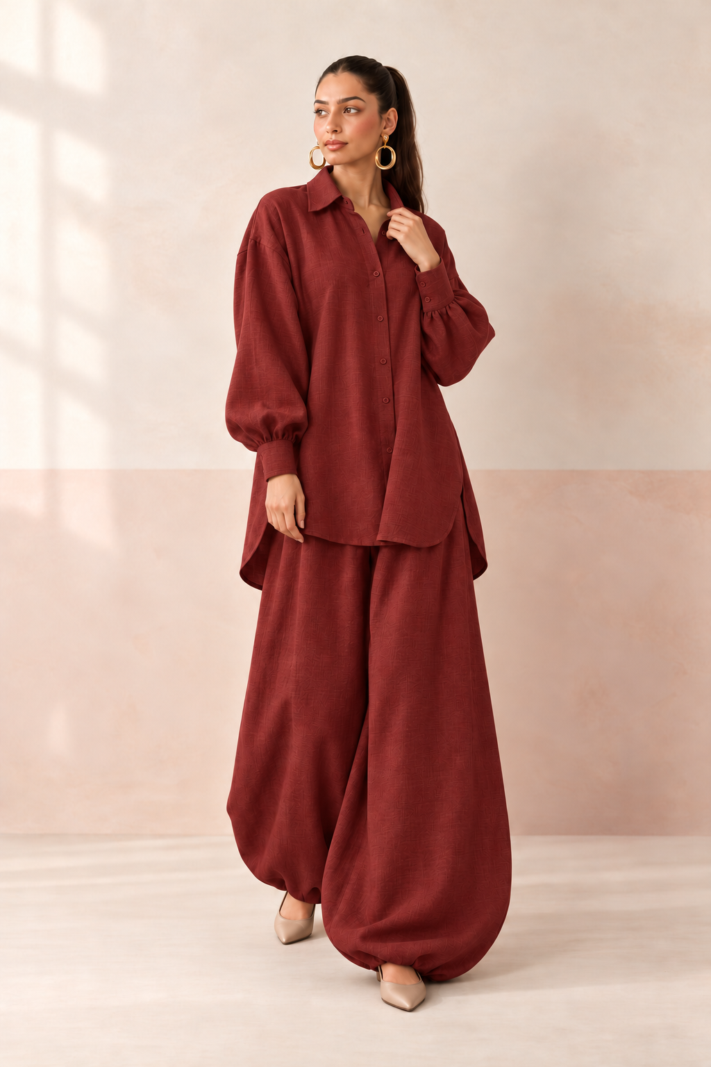 Maroon Shirt Collar Long Sleeve Balloon Style Co-ord Set For Women