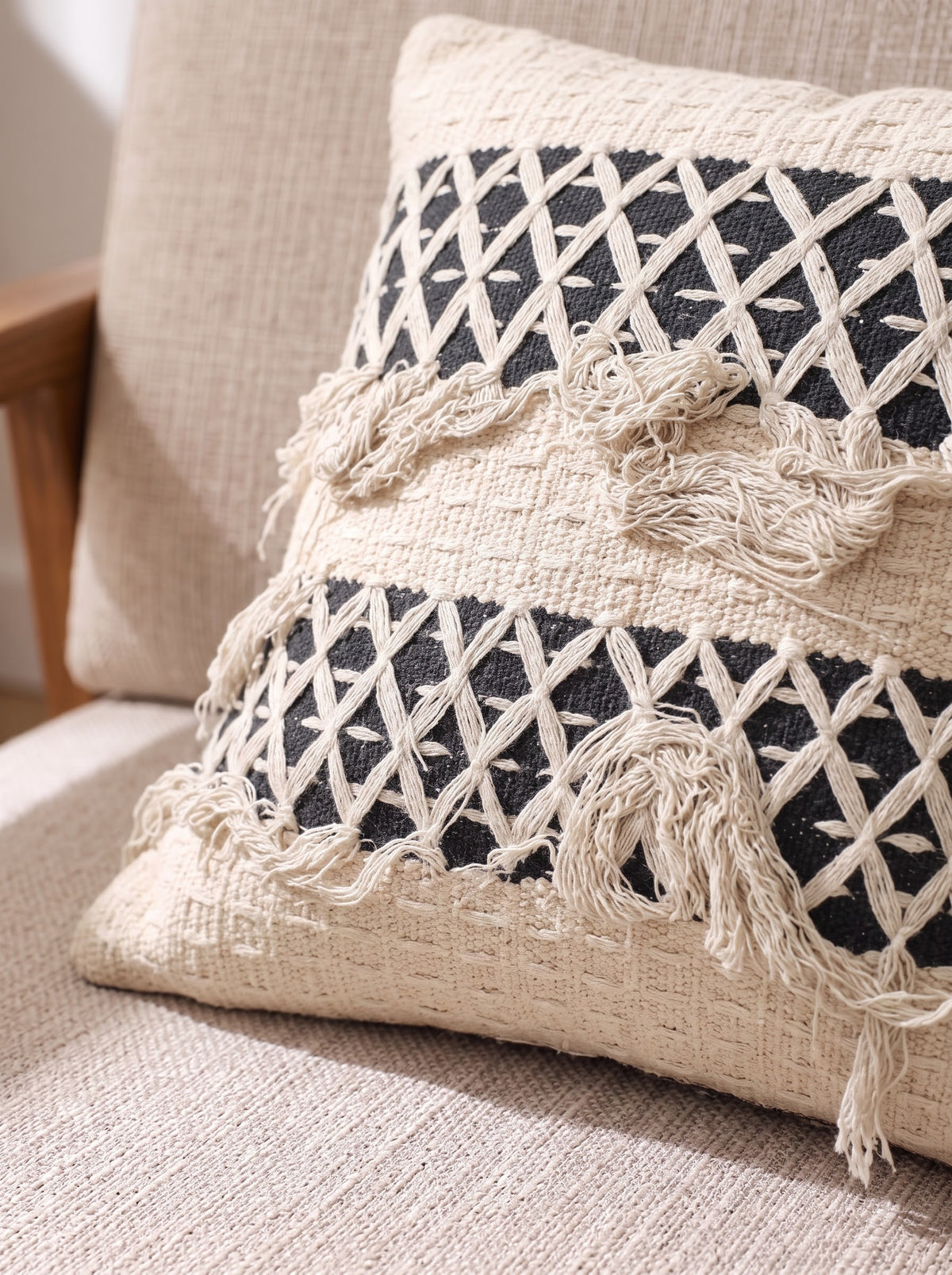 Cream Cotton Tufted Cushion Cover With Black Lattice Pattern & Layered Tassels