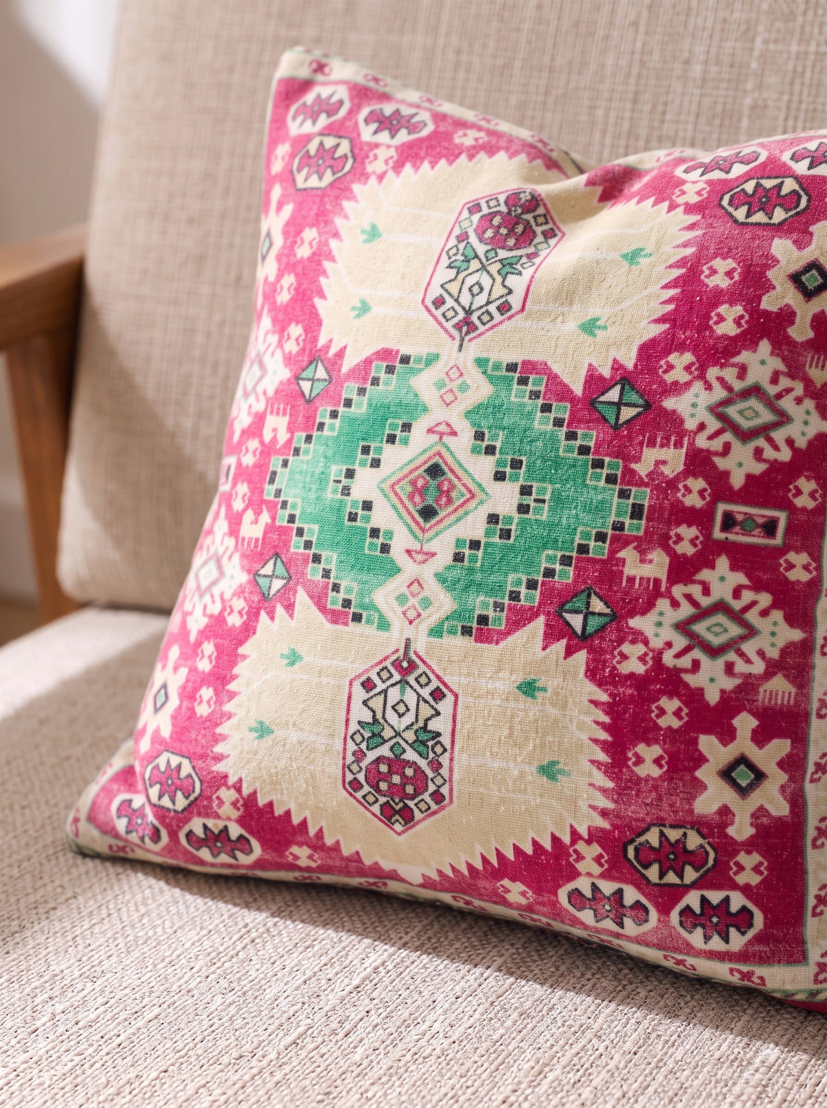 Pink Ethnic Motif Cotton Cushion Cover With Emerald & Ivory Accents