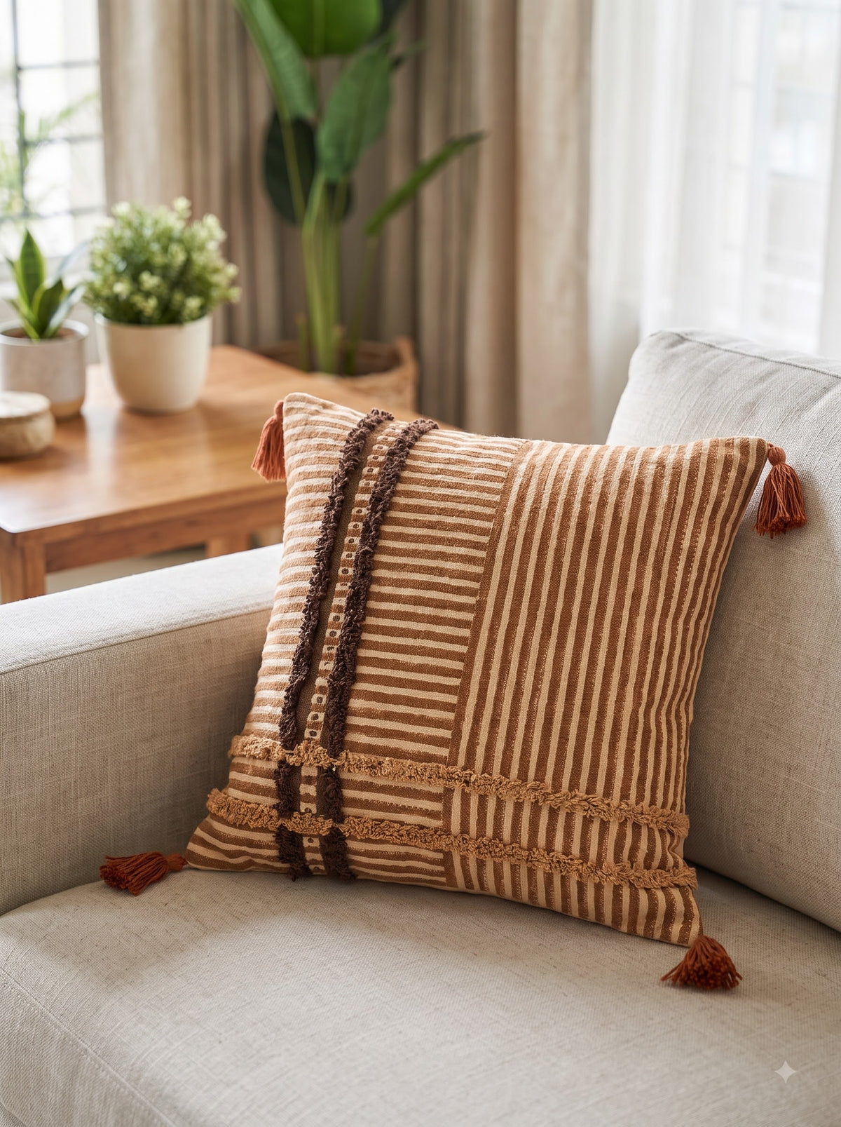 Brown Striped Textured Cotton Square Cushion Cover For Warm & Stylish Home Decor