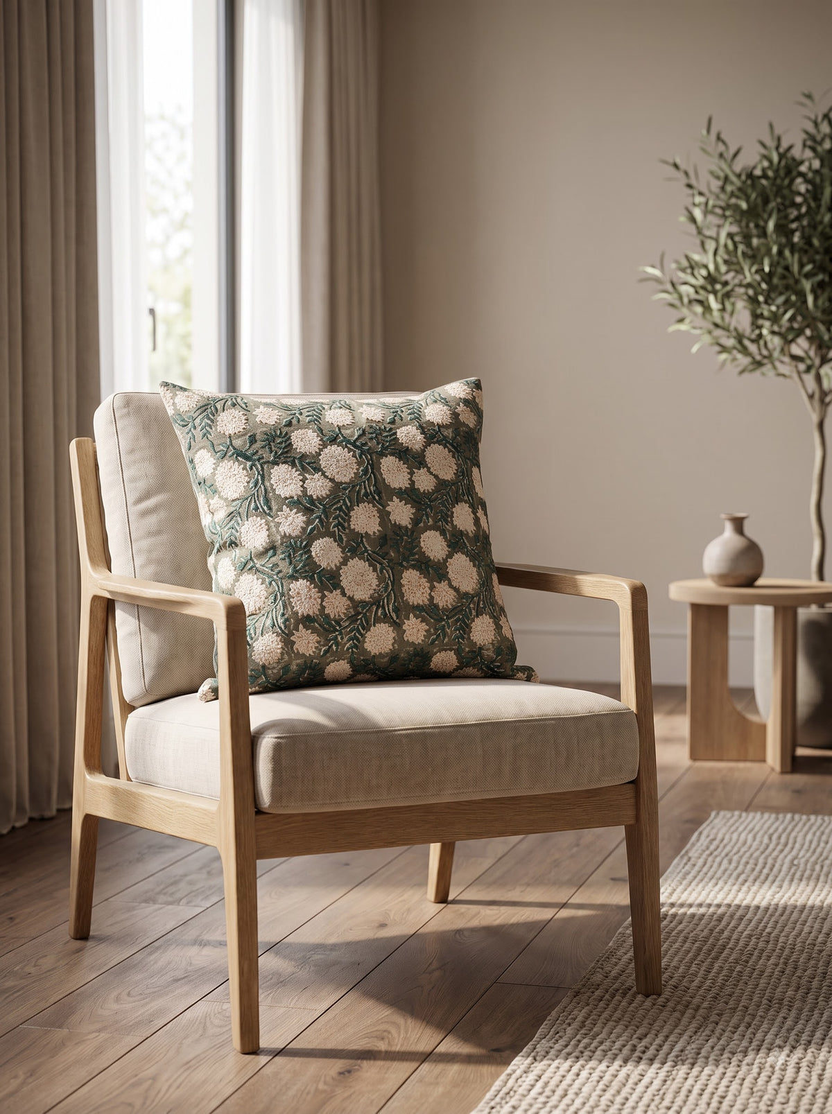 Off White Floral Textured Cotton Square Cushion Cover