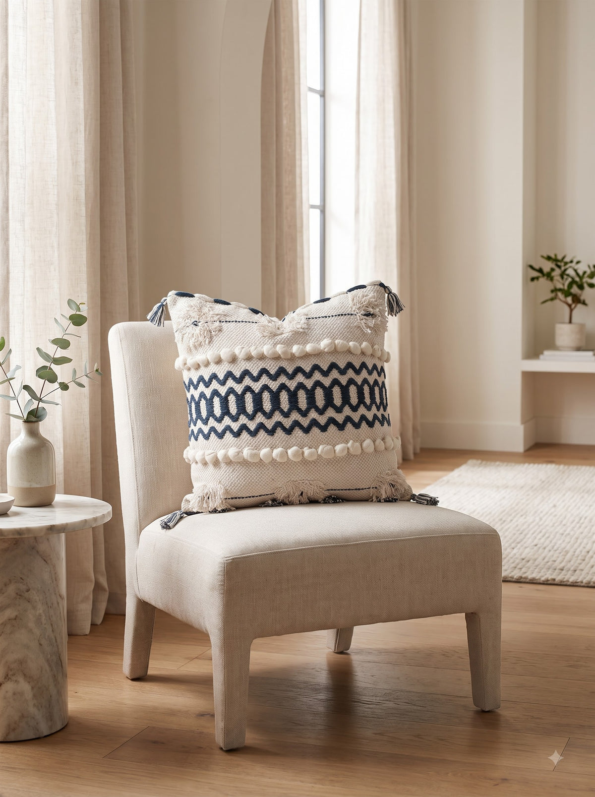 Blue Geometric Embroidered Cotton Square Cushion Cover