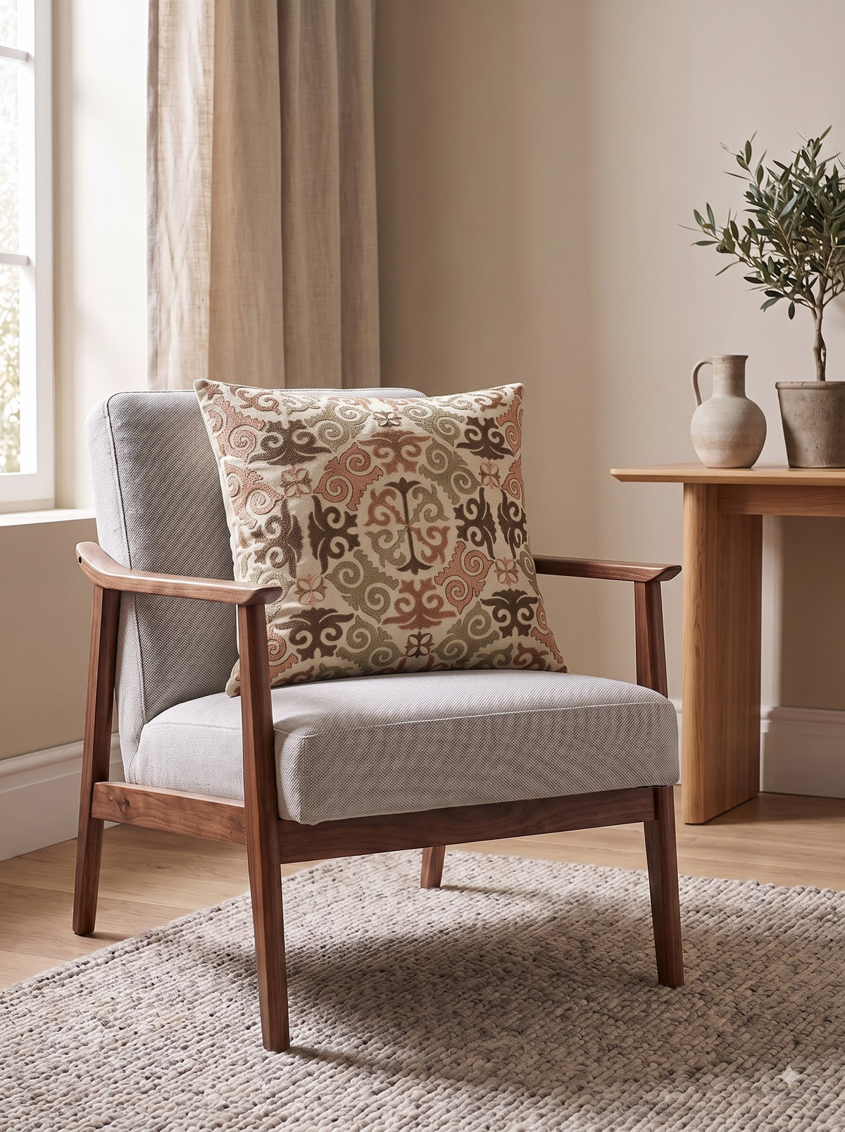 Peach Cotton Cushion Cover with Embroidered Baroque Floral Medallion