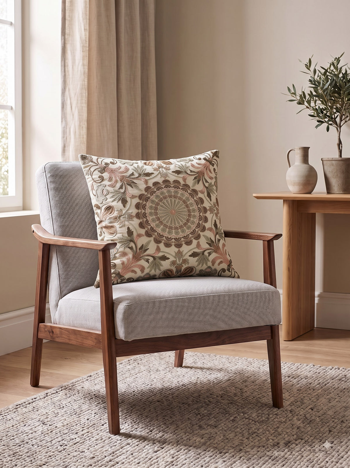 Blush Pink & Sage Cotton Embroidered Floral Mandala Cushion Cover