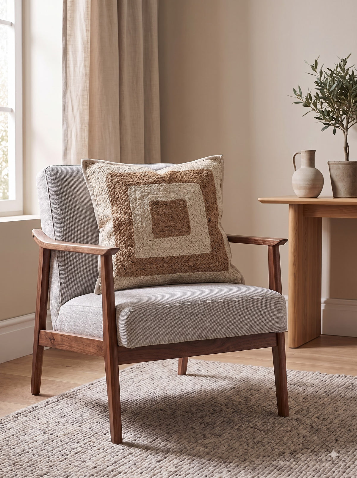 Beige Cotton Tufted Cushion Cover with Nested Geometric Square Motif