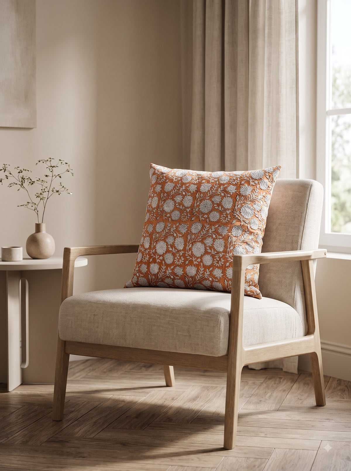 Off White Floral Textured Cotton Square Cushion Cover For Elegant Home Decor