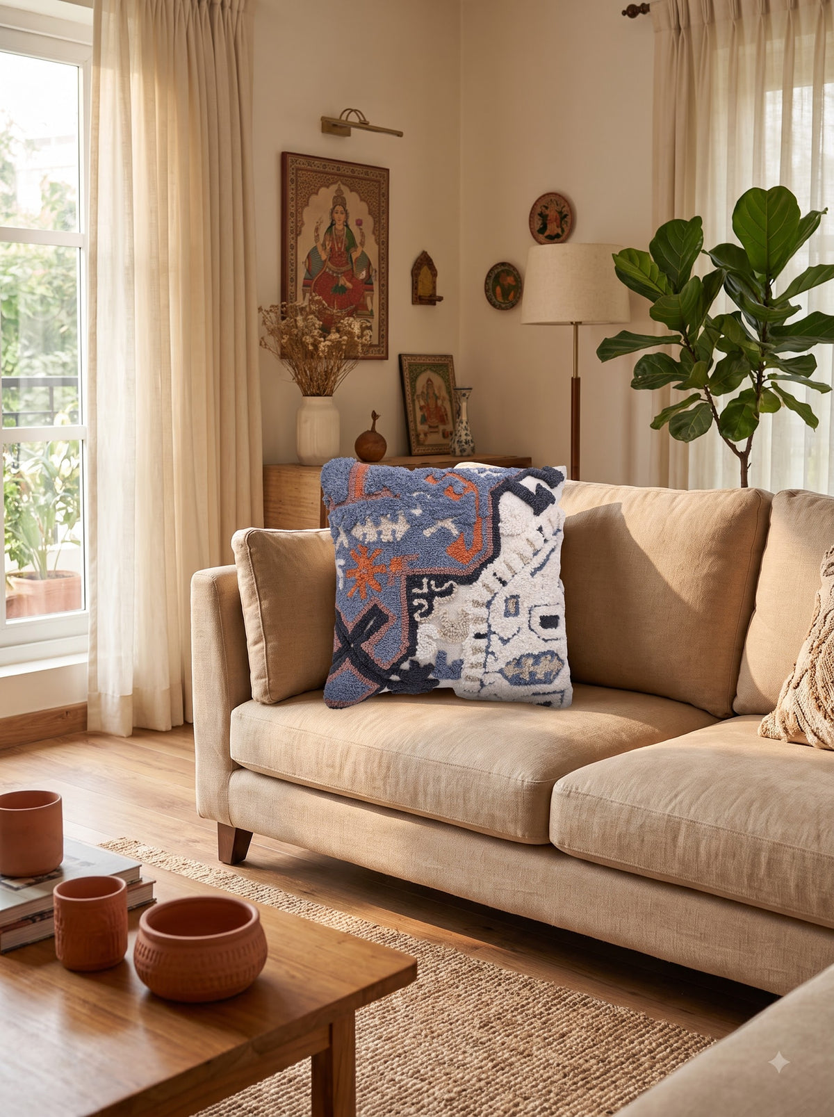 Blue Self-Design Embroidered Cotton Square Cushion Cover