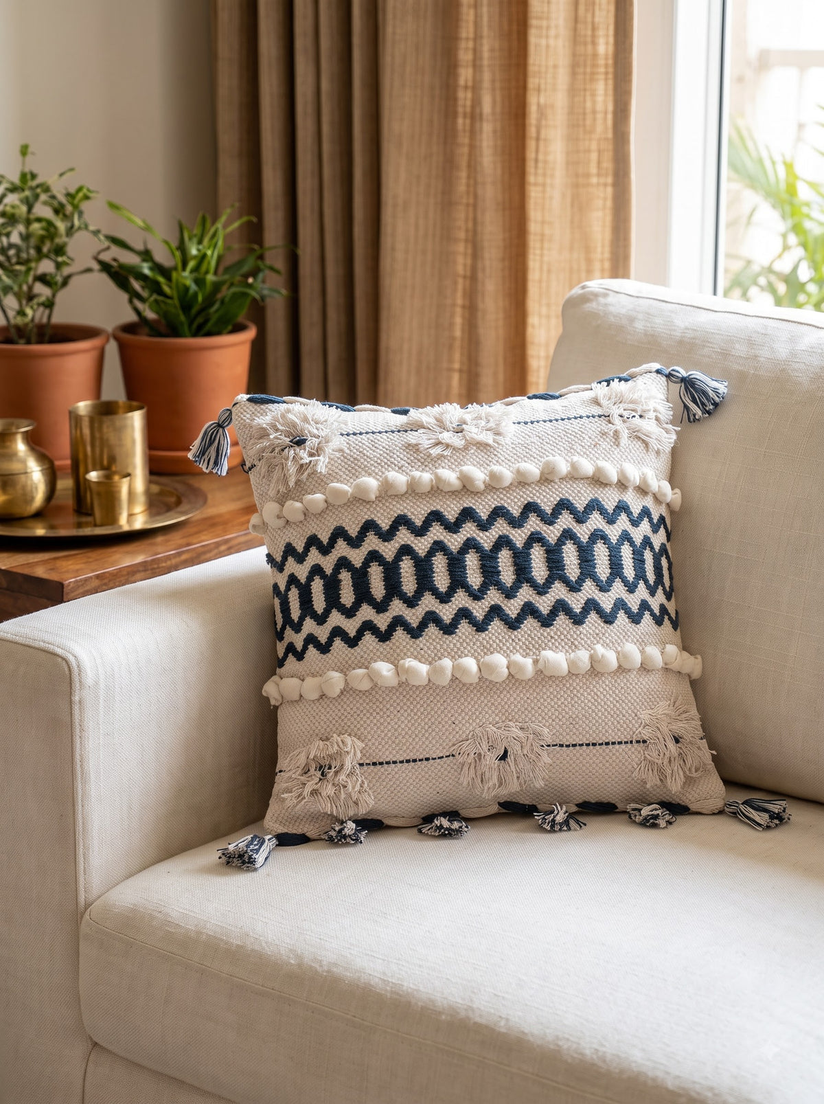Blue Geometric Embroidered Cotton Square Cushion Cover