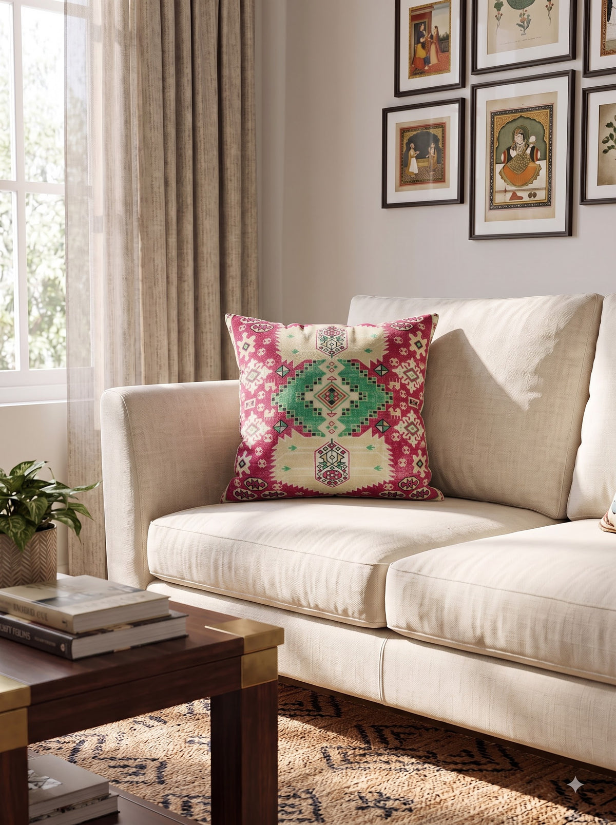 Pink Ethnic Motif Cotton Cushion Cover With Emerald & Ivory Accents