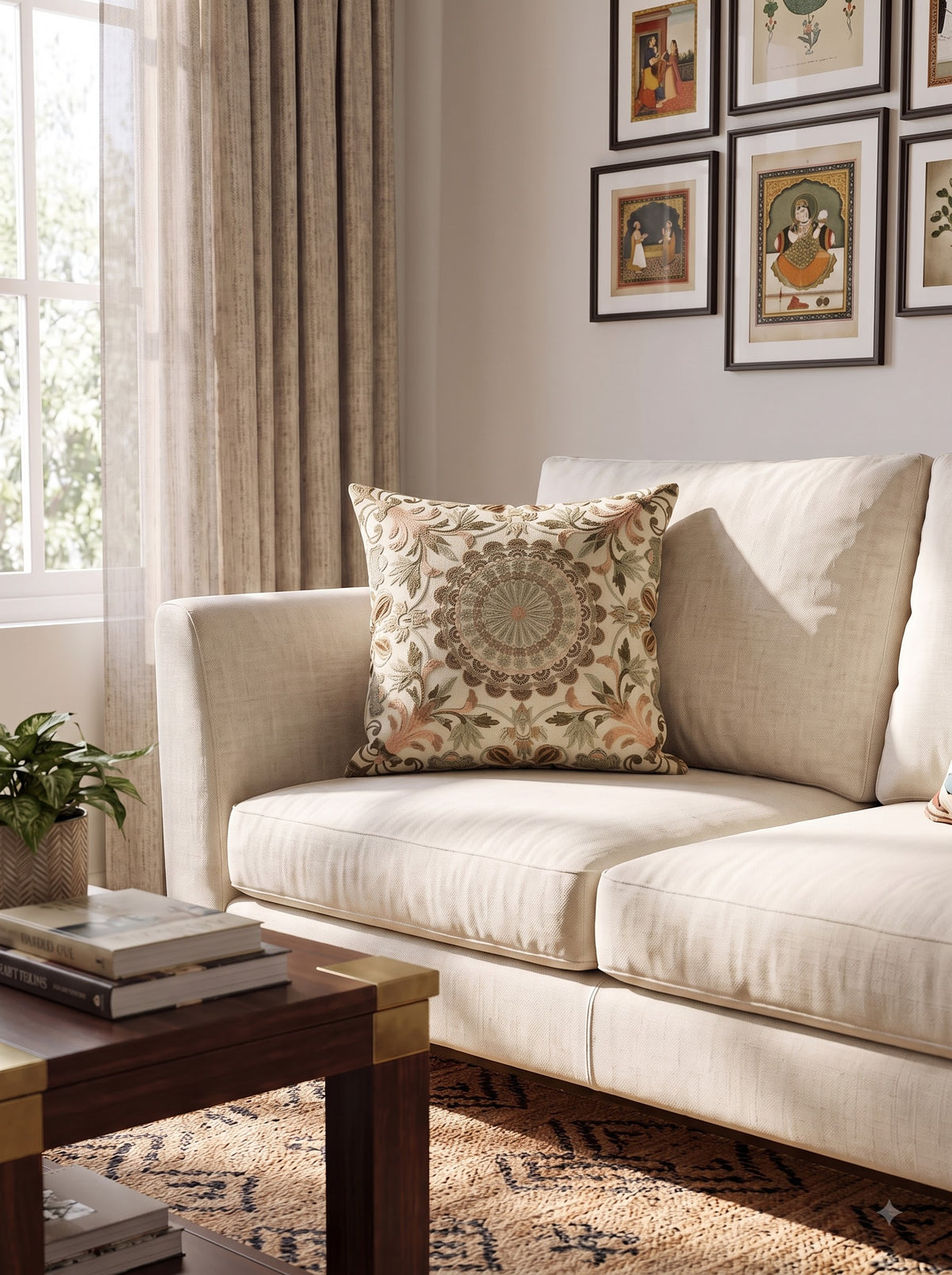 Blush Pink & Sage Cotton Embroidered Floral Mandala Cushion Cover