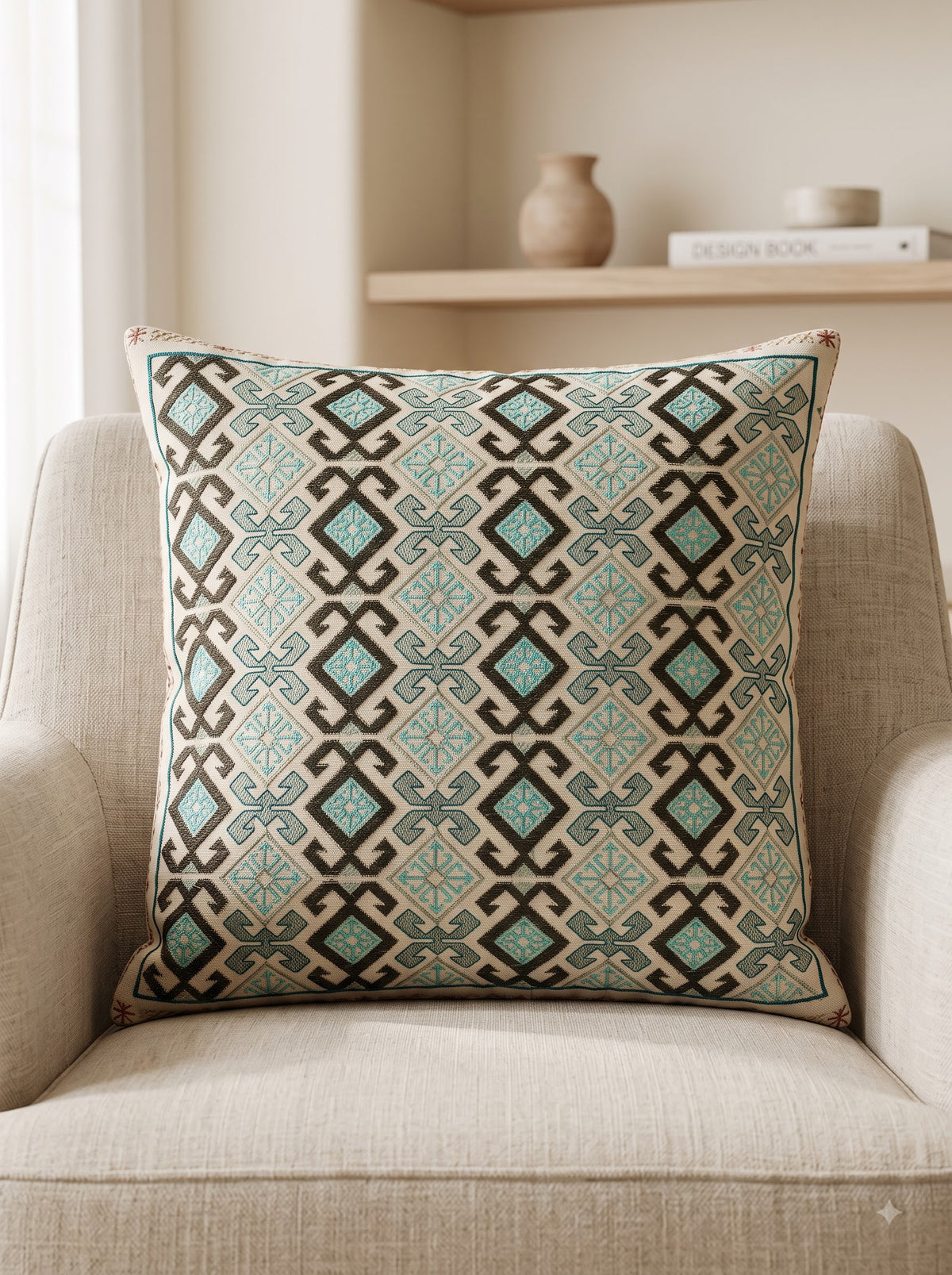 Sea Green Pure Cotton Geometric Embroidered Decorative Cushion Cover