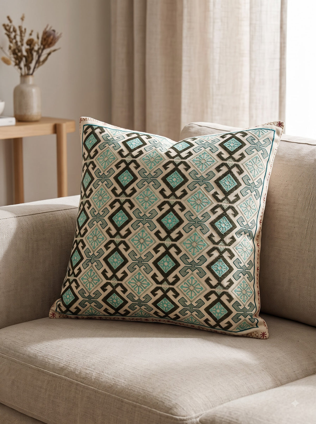 Sea Green Pure Cotton Geometric Embroidered Decorative Cushion Cover
