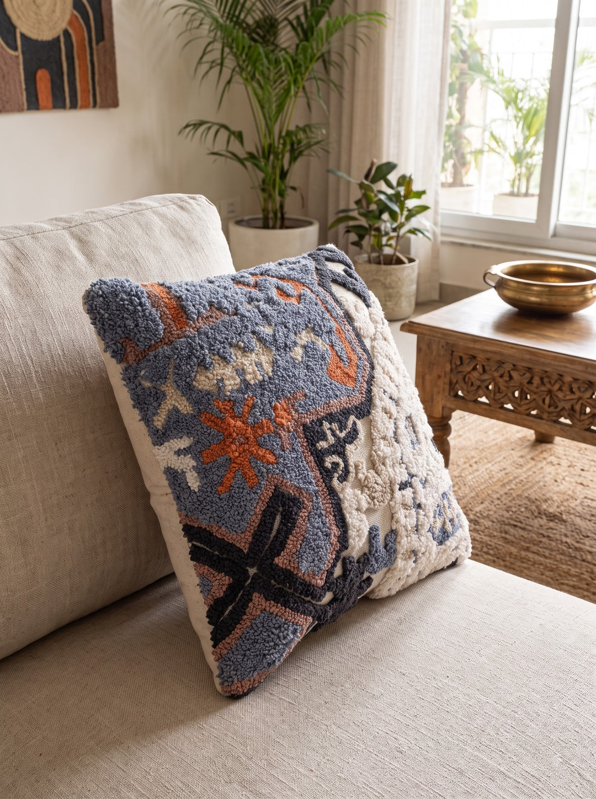 Blue Self-Design Embroidered Cotton Square Cushion Cover