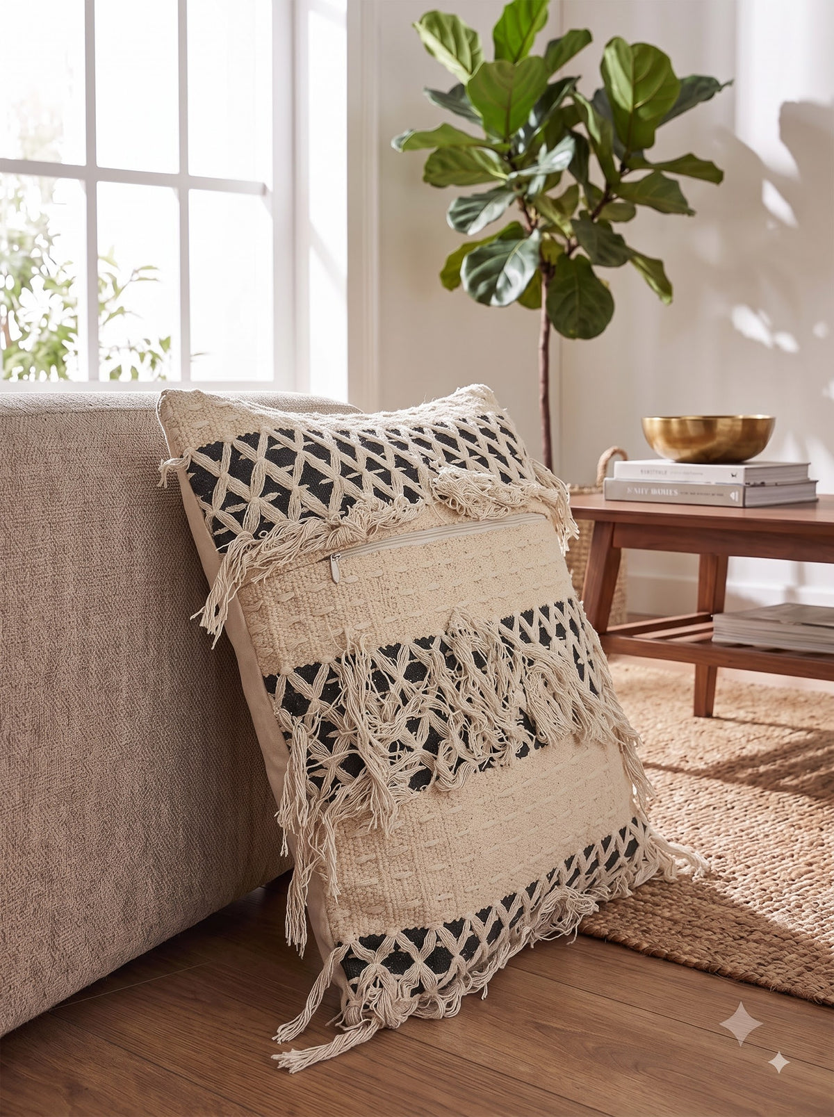 Cream Cotton Tufted Cushion Cover With Black Lattice Pattern & Layered Tassels