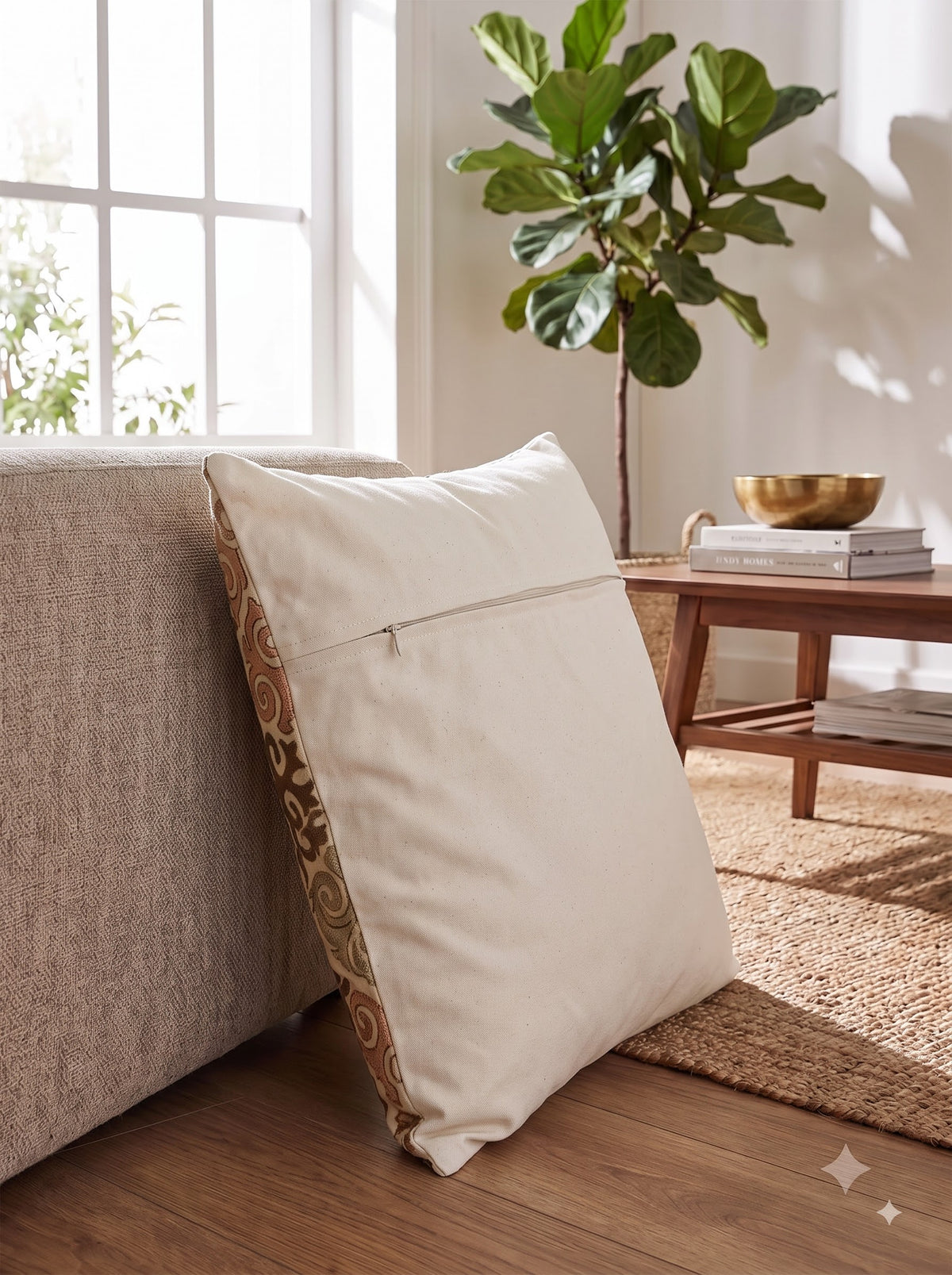 Peach Cotton Cushion Cover with Embroidered Baroque Floral Medallion
