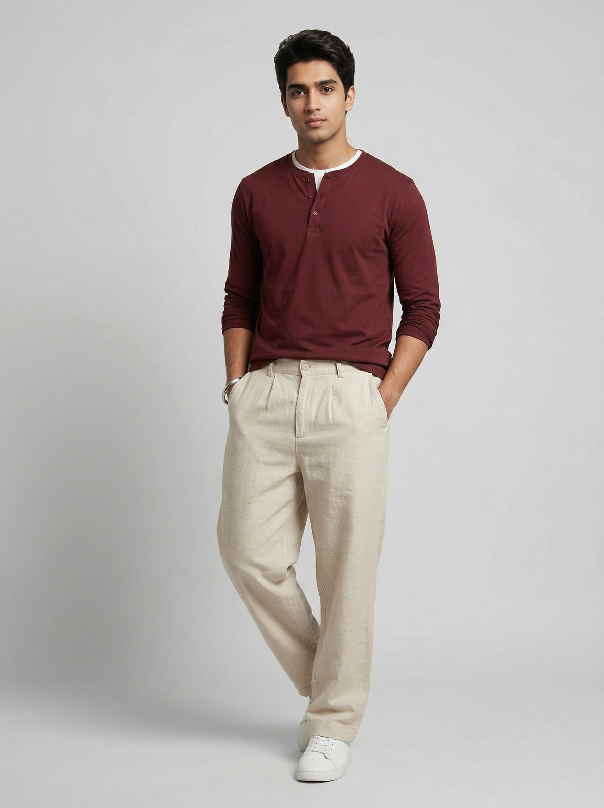 Cream Lightweight Linen-Look Men's Trousers