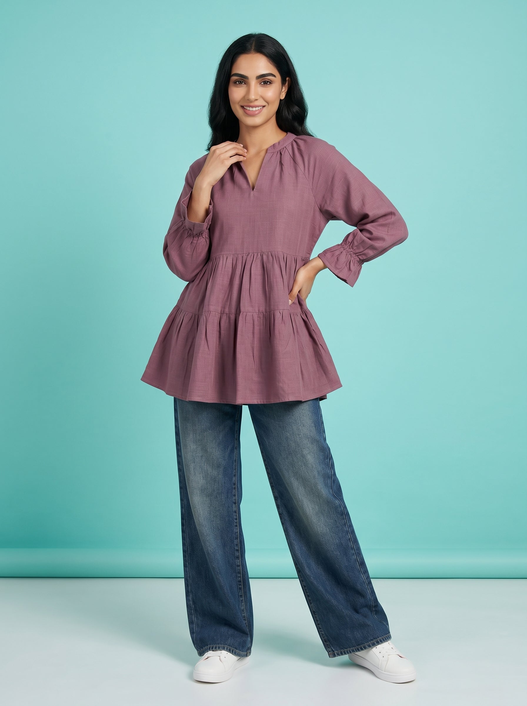Lavender Solid Mandarin Neck Pure Cotton Top for Women