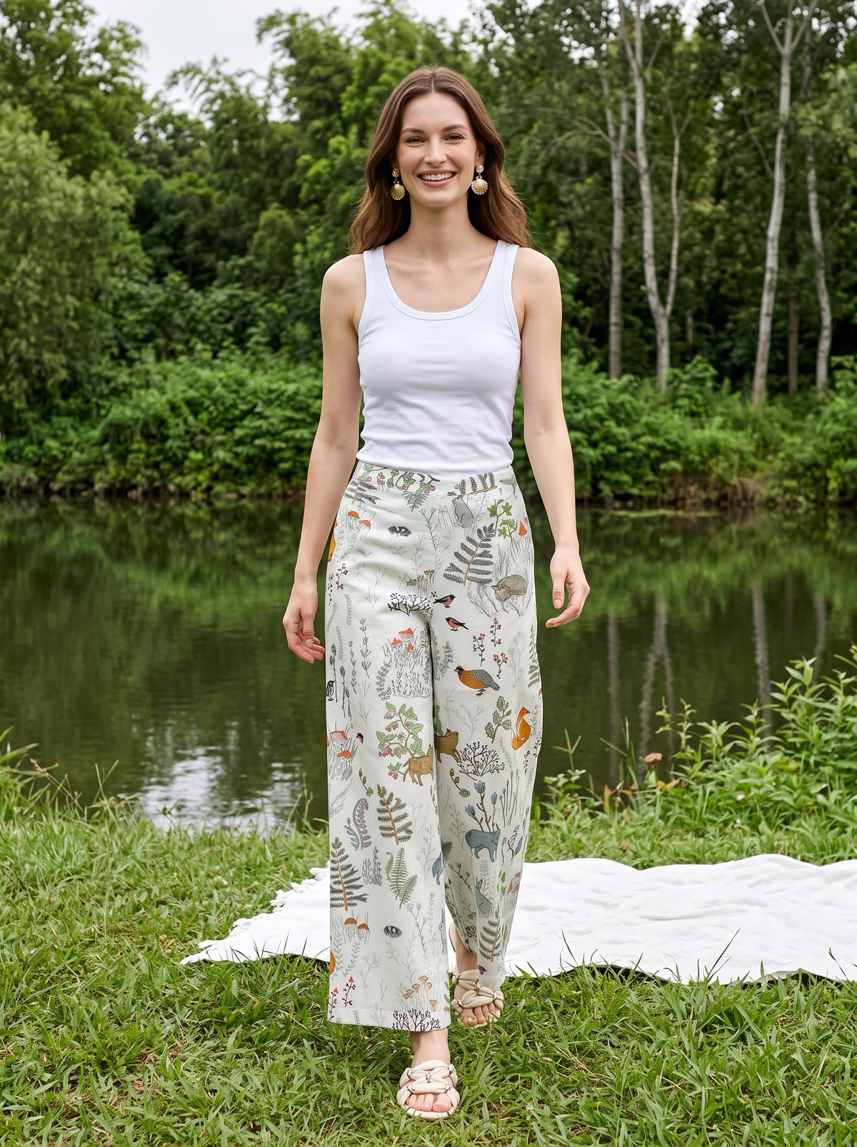 White Abstract Print Pure Cotton Lounge Pants For Women