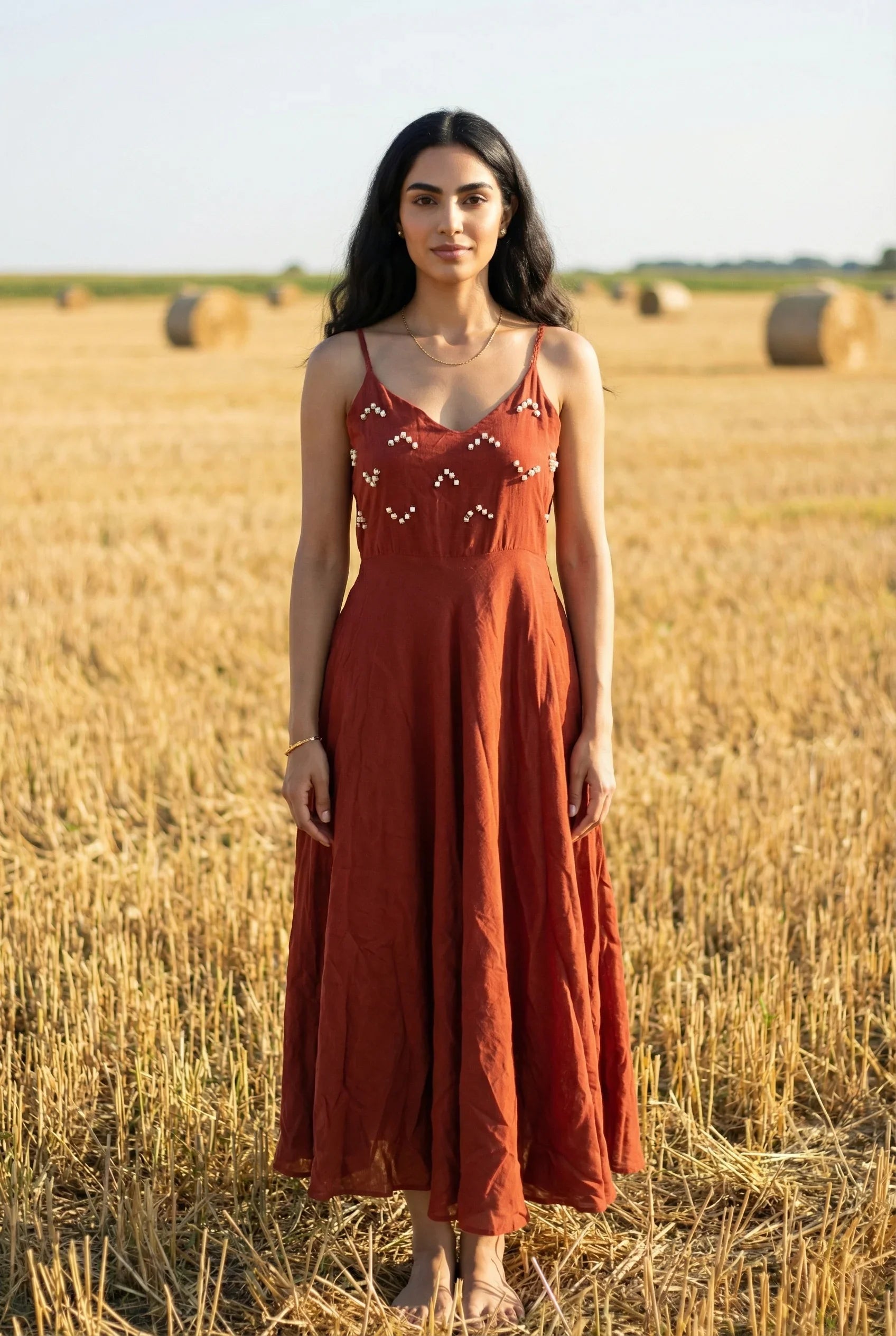 Rust Solid Shoulder Straps Sleeveless Flared Dress For Women