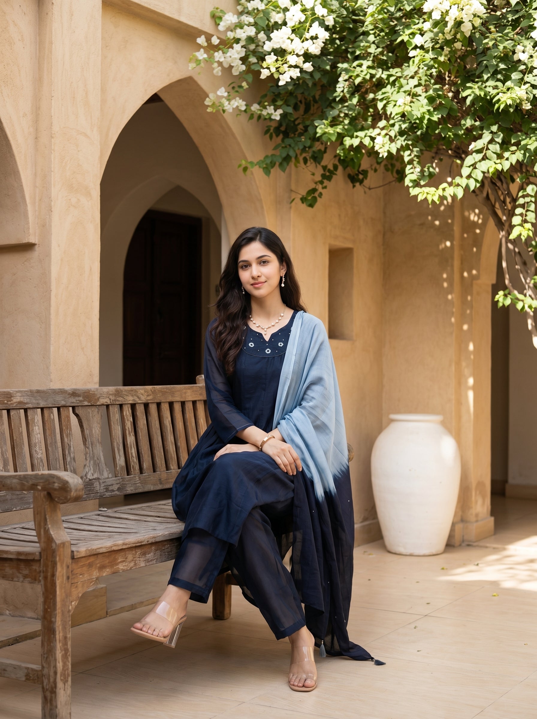 Blue Round Neck Embroidered Flared Cotton Kurta Set For Women