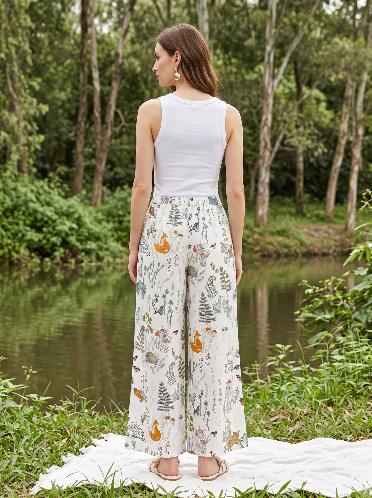 White Abstract Print Pure Cotton Lounge Pants For Women