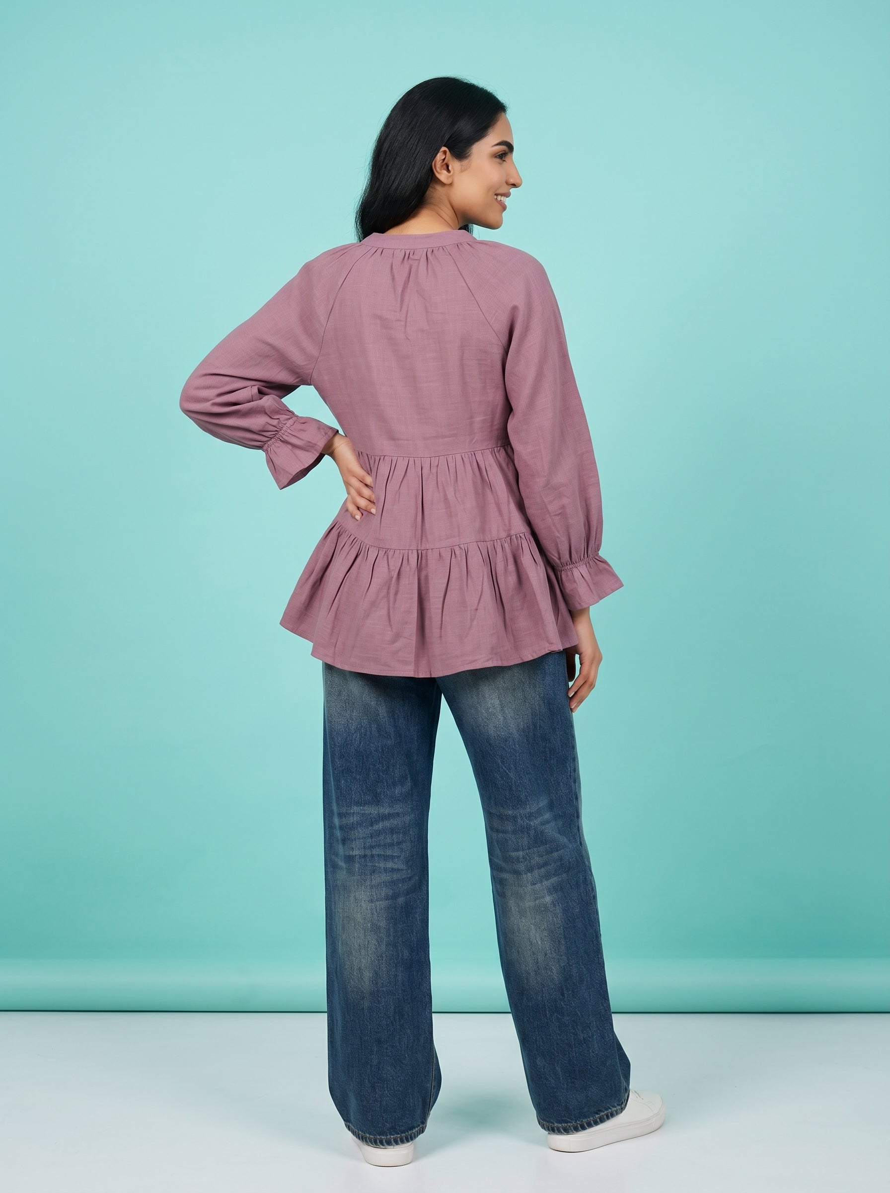 Lavender Solid Mandarin Neck Pure Cotton Top for Women