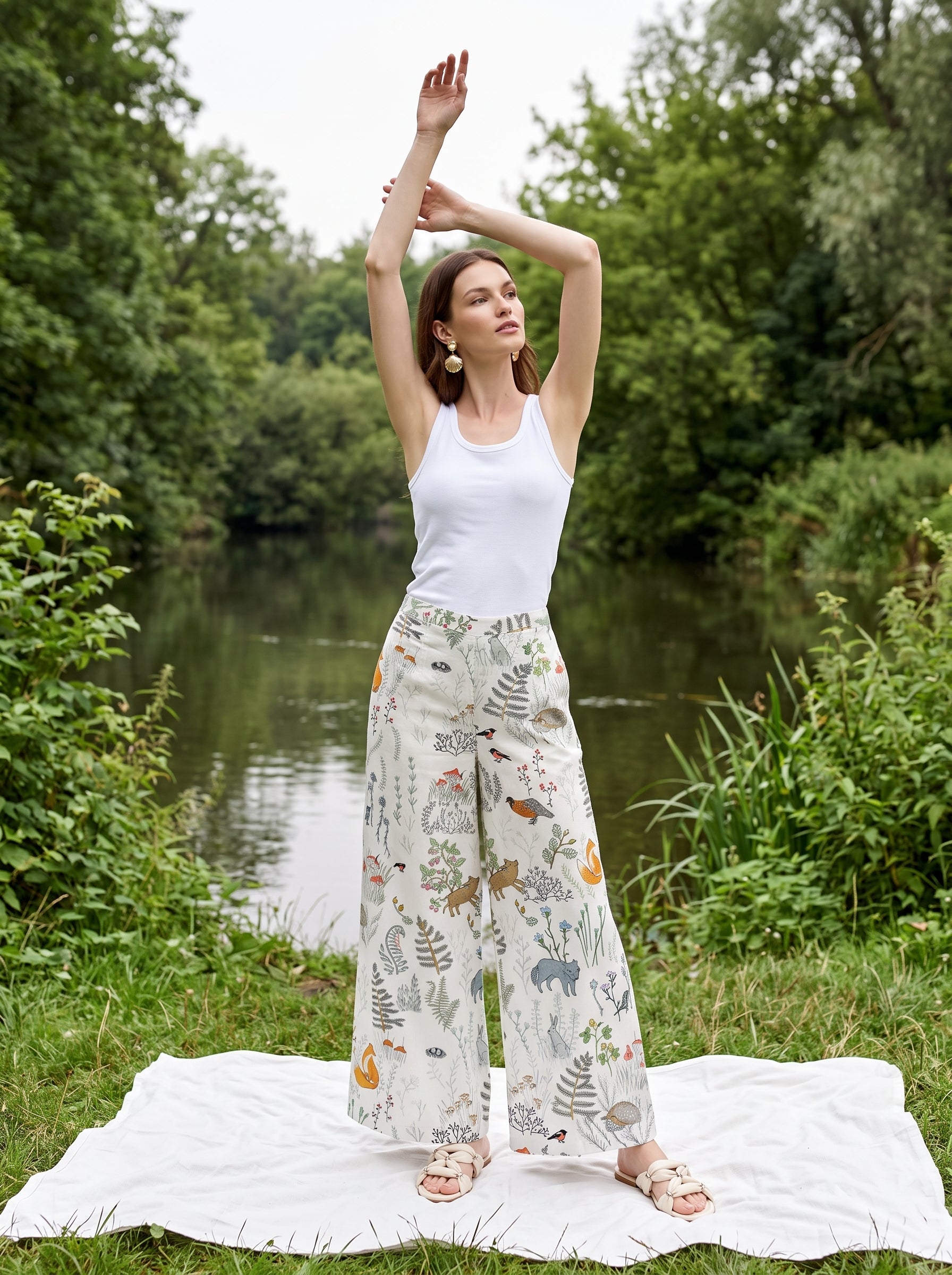 White Abstract Print Pure Cotton Lounge Pants For Women