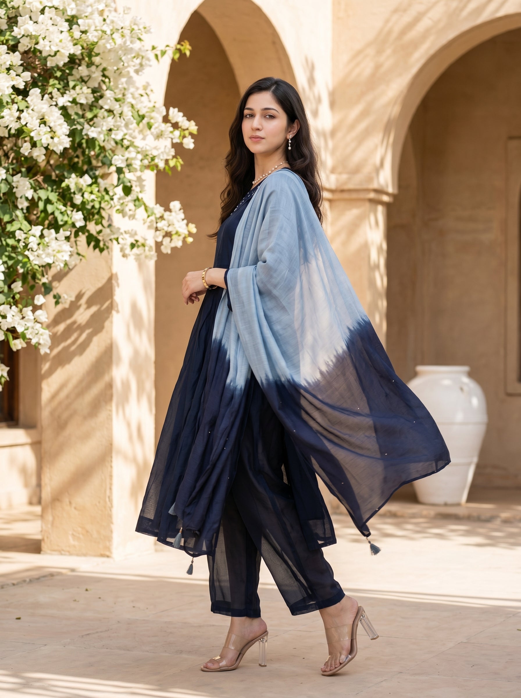 Blue Round Neck Embroidered Flared Cotton Kurta Set For Women