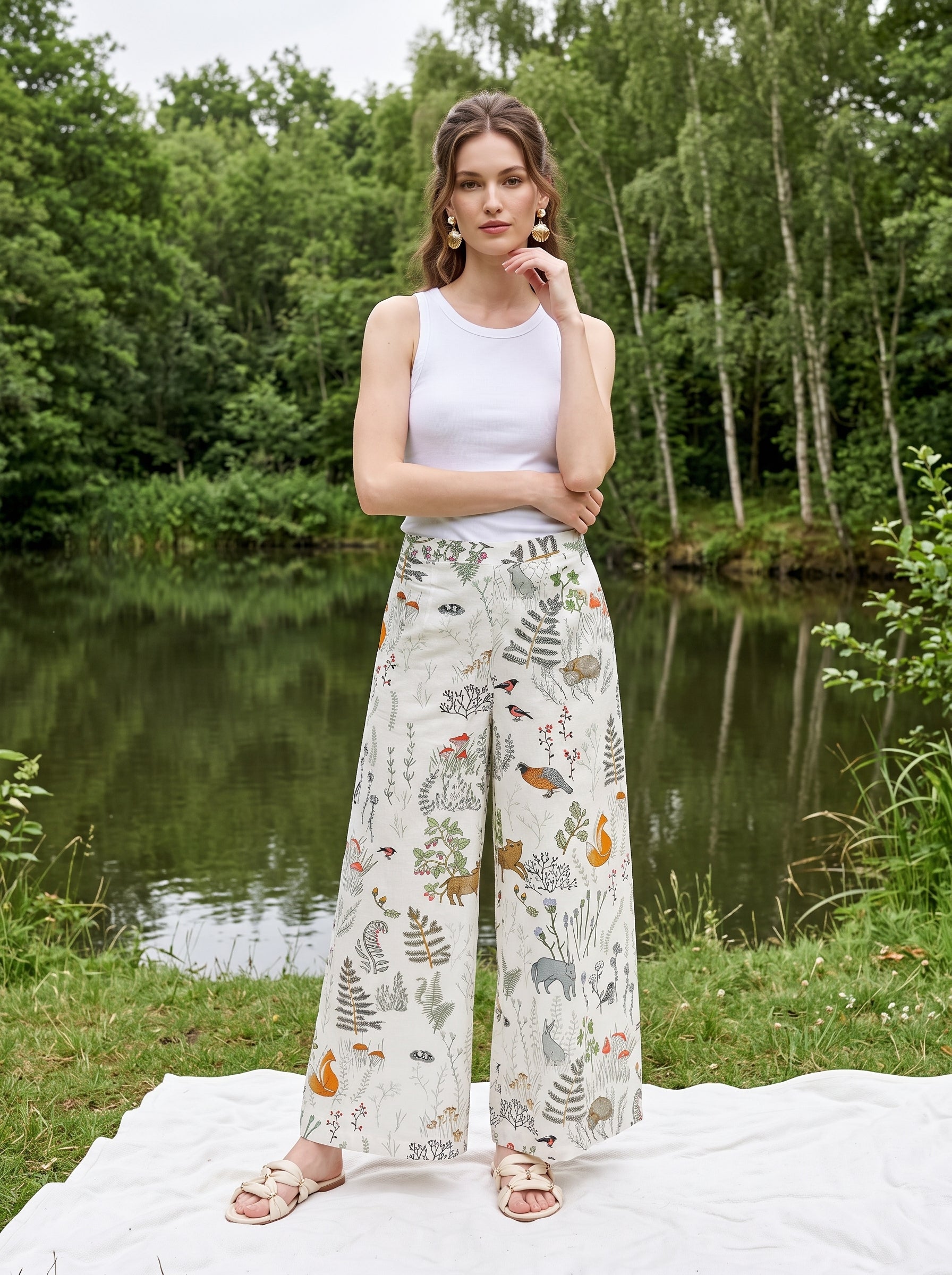 White Abstract Print Pure Cotton Lounge Pants For Women