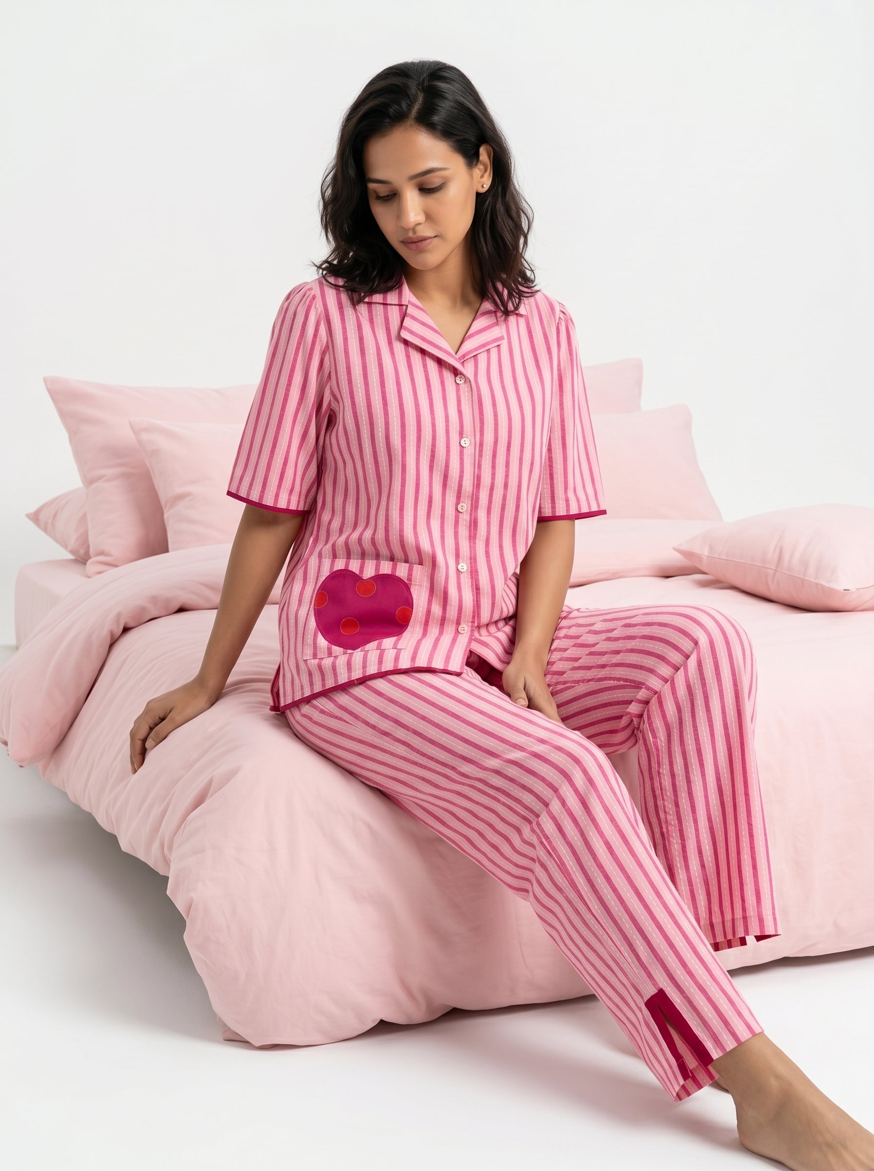Pink Stripes V-Neck Pure Cotton Night Suit For Women