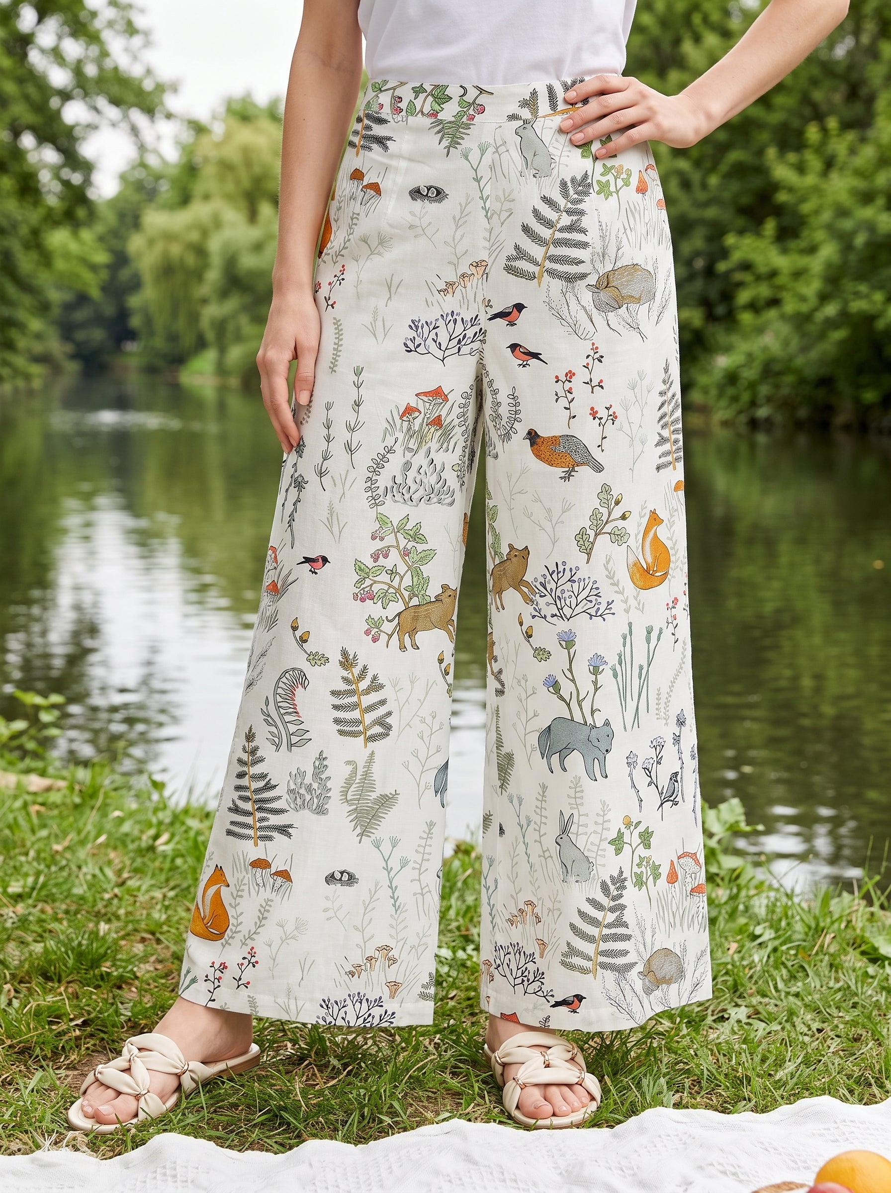 White Abstract Print Pure Cotton Lounge Pants For Women