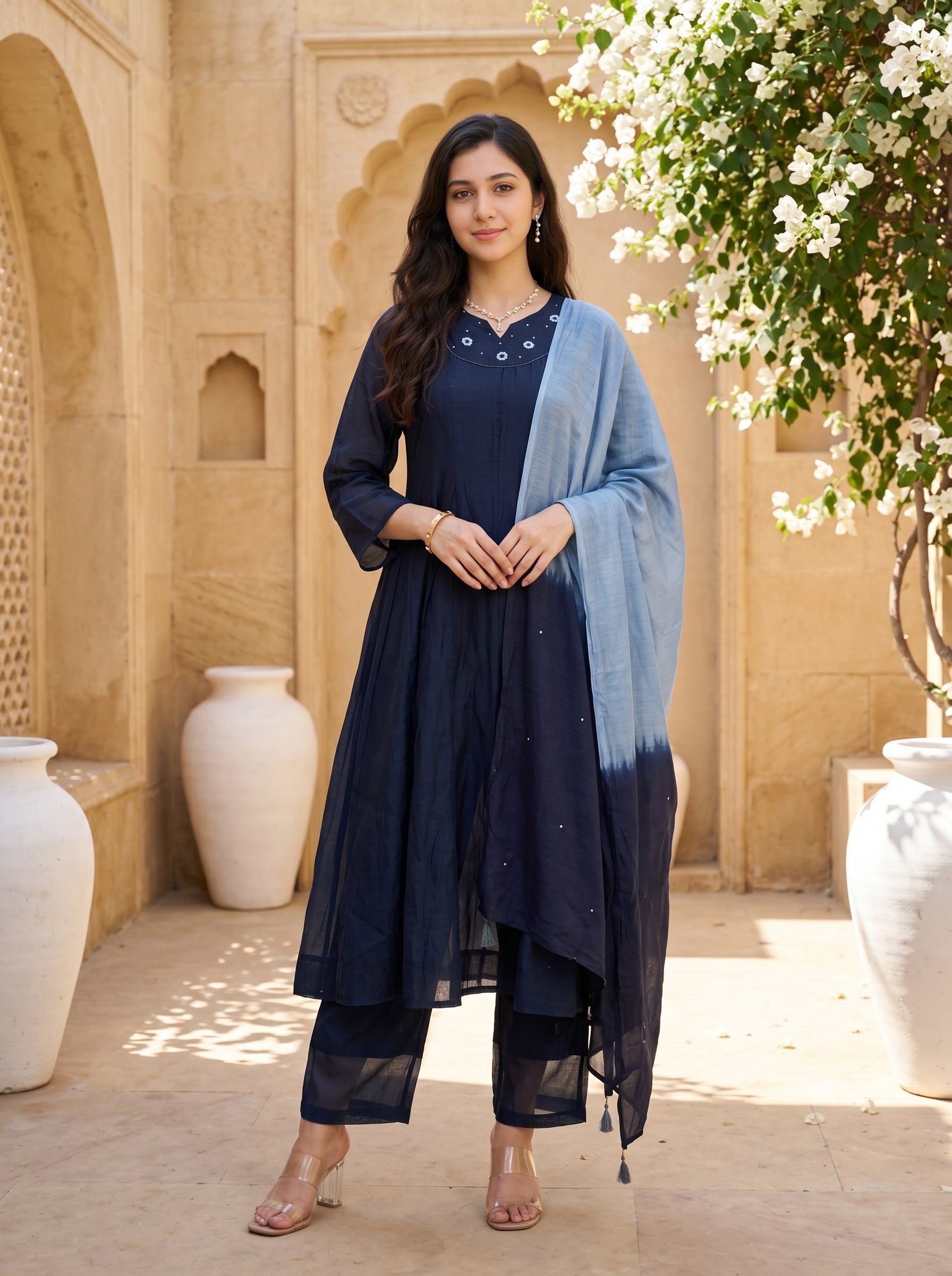 Blue Round Neck Embroidered Flared Cotton Kurta Set For Women