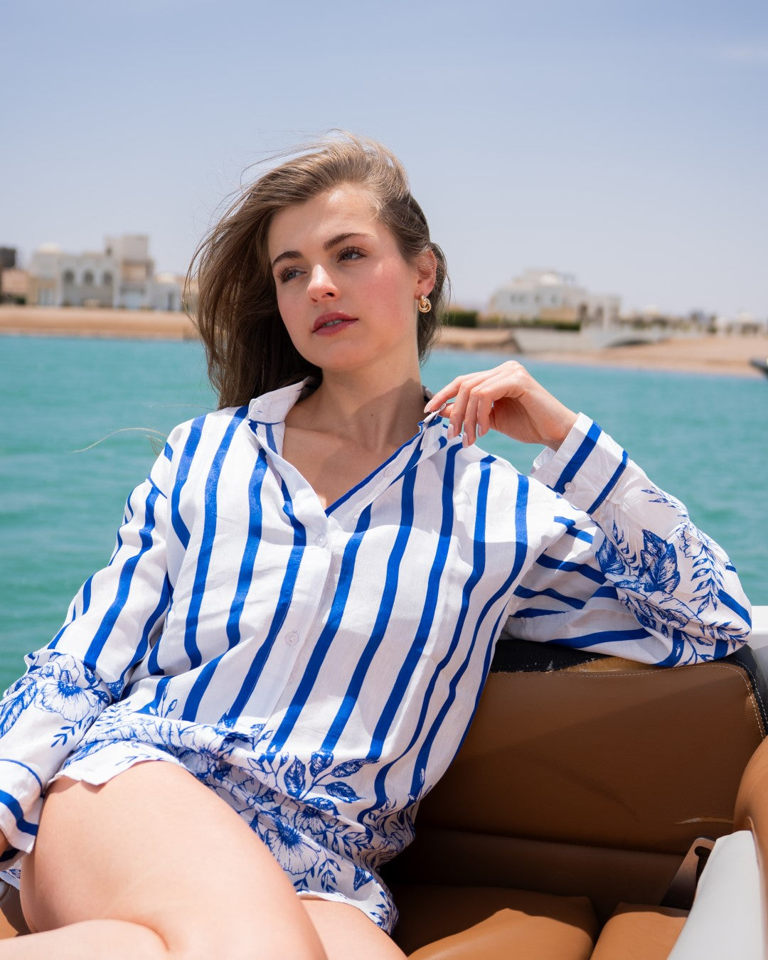Blue Stripe Print Spread Collar Full Sleeve Shirt For Women