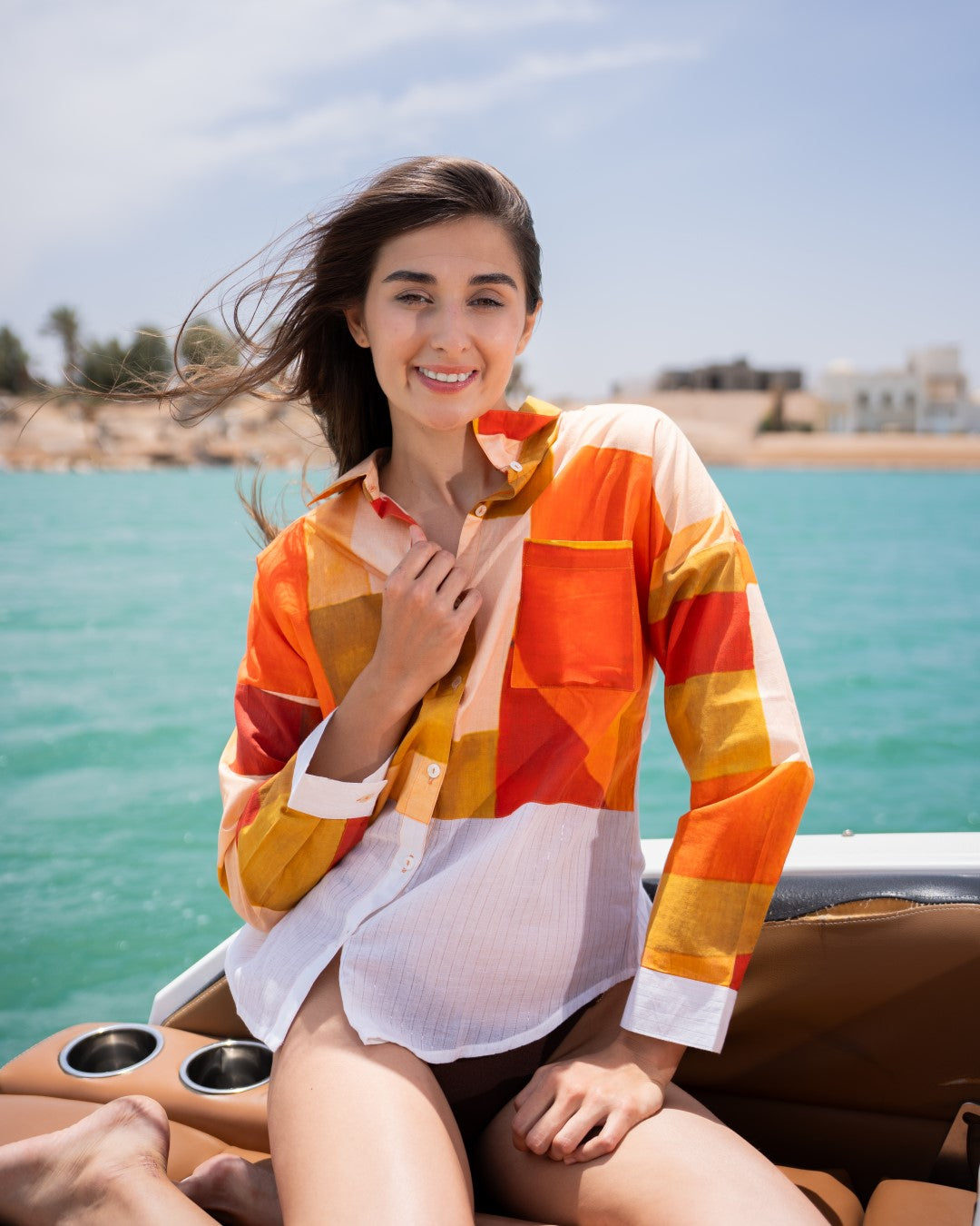 Multi Abstract Print Spread Collar Cotton Shirt For Women