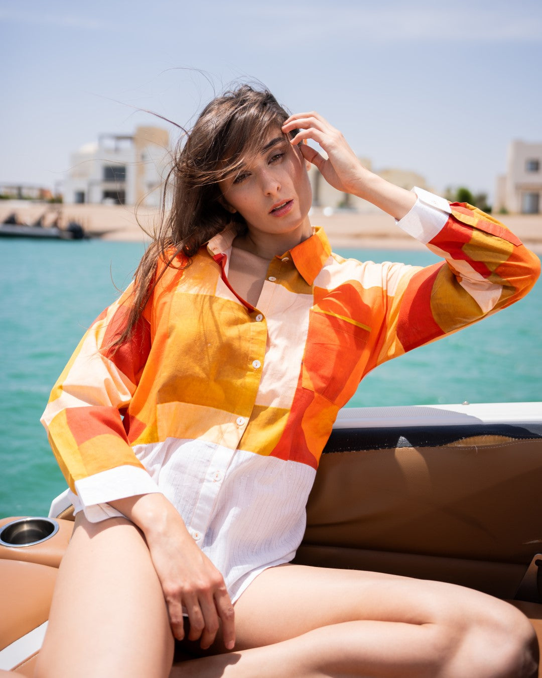 Multi Abstract Print Spread Collar Cotton Shirt For Women