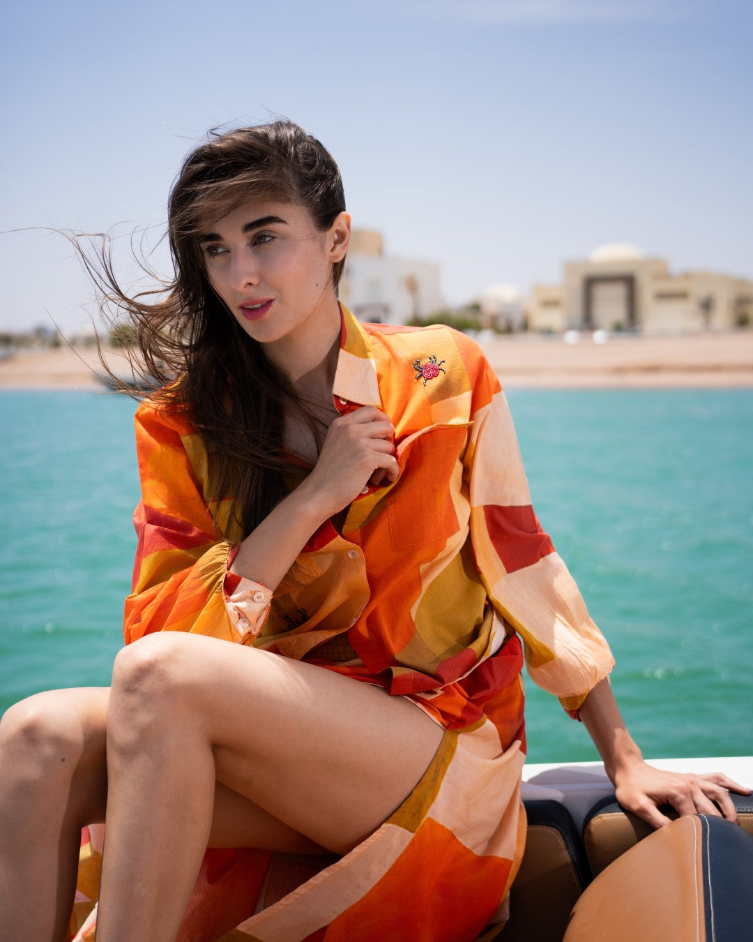 Orange Shirt Collar Abstract Flared Cotton  Dress For Women