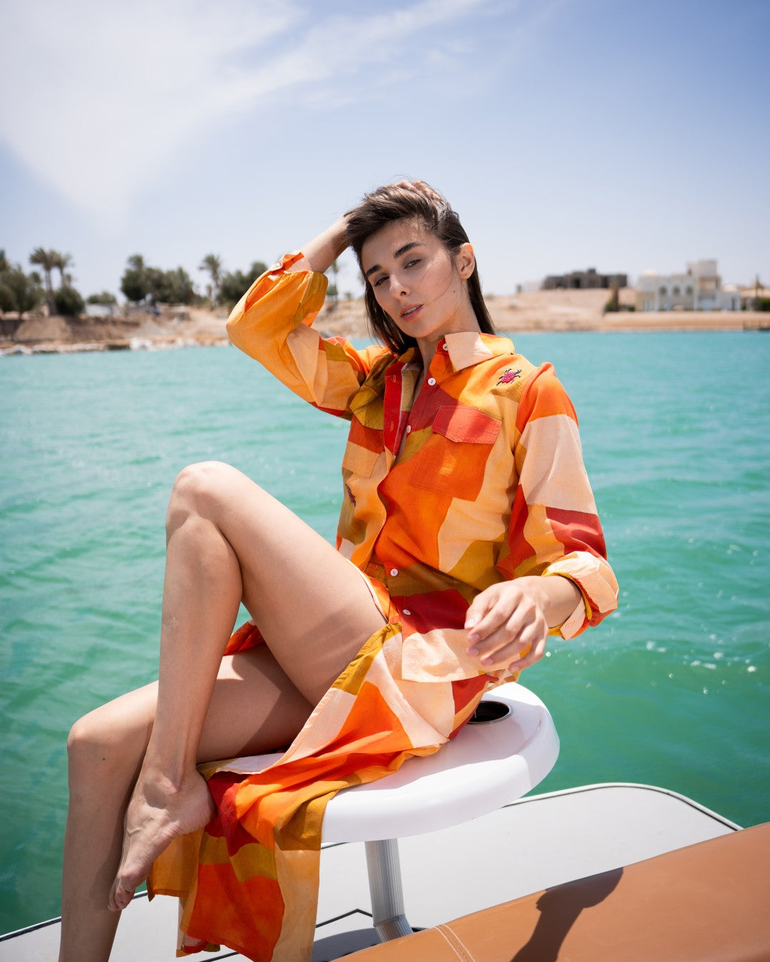 Orange Shirt Collar Abstract Flared Cotton  Dress For Women