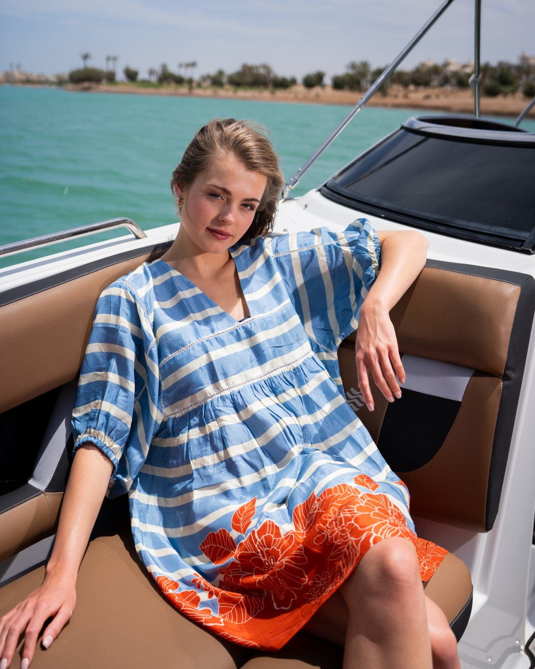Blue Stripes Print V Neck Cotton Mini Dress For Women