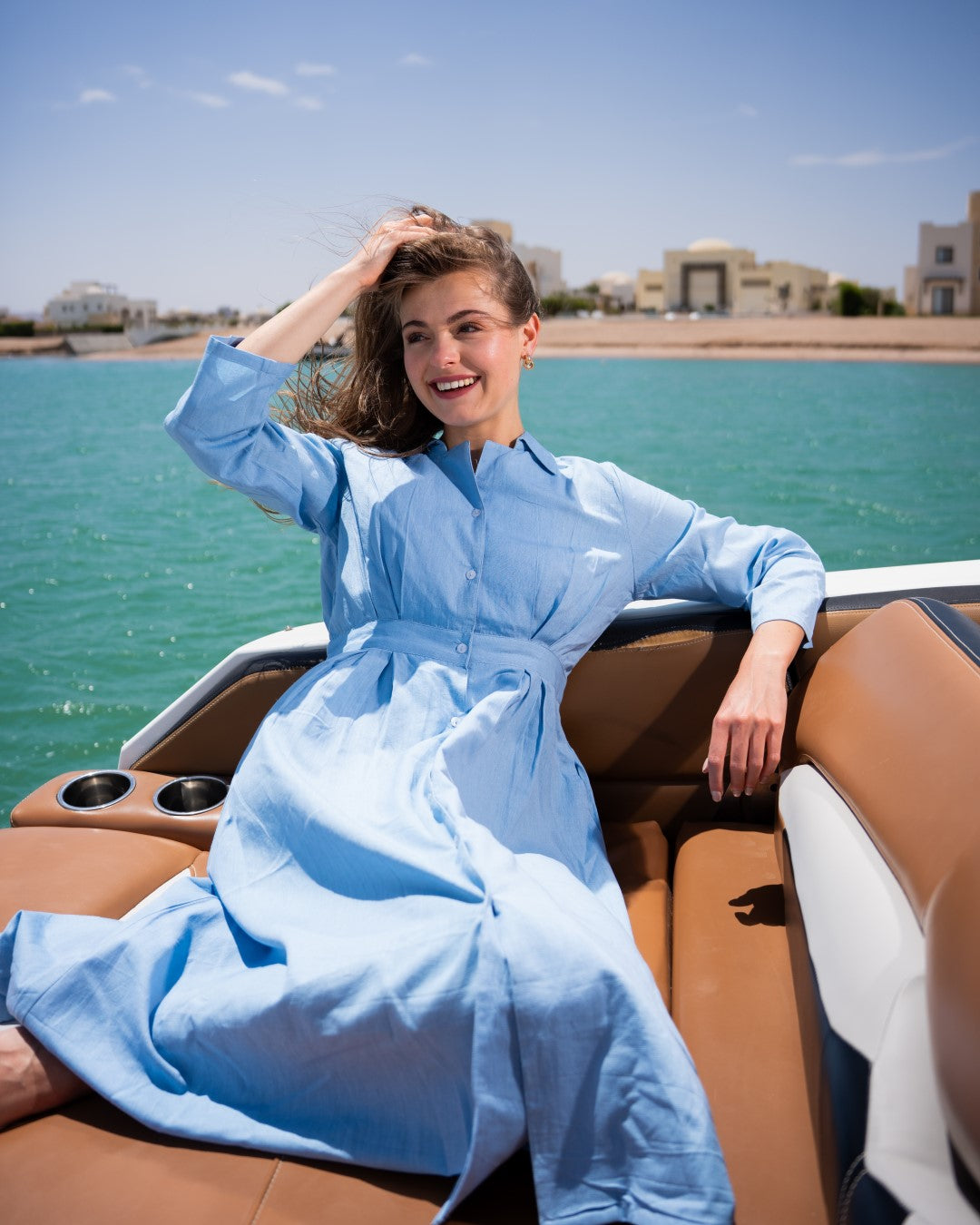 Blue Shirt Collar Solid Flared Midi Cotton Dress For Women