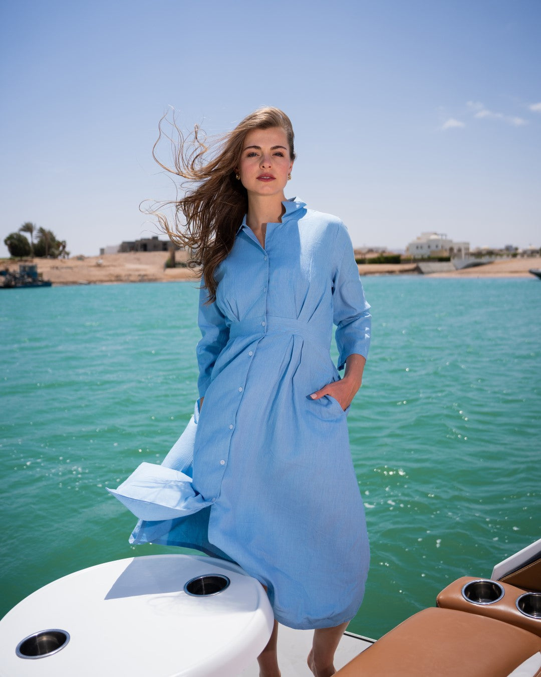 Blue Shirt Collar Solid Flared Midi Cotton Dress For Women