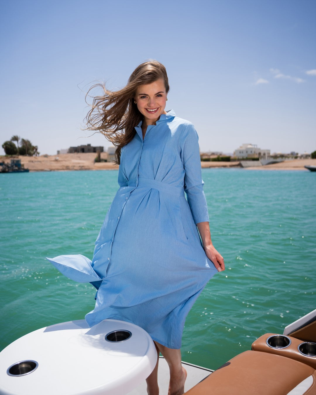 Blue Shirt Collar Solid Flared Midi Cotton Dress For Women